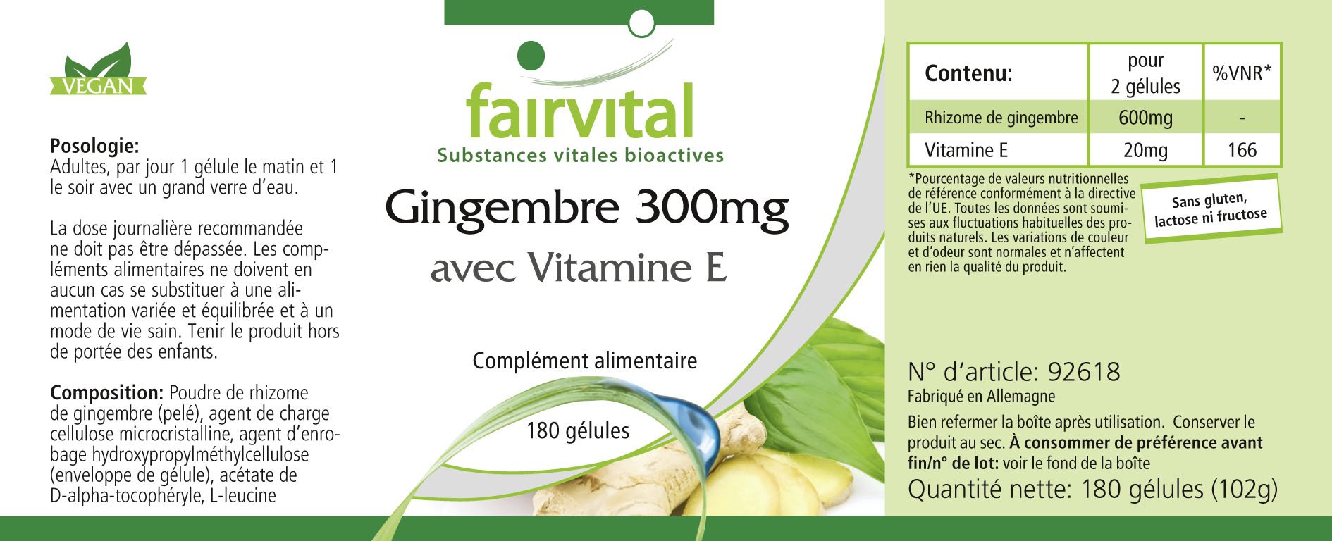 fairvital Ingwer Kapseln 300mg mit Vitamin E, 180 Kapseln, schluckfreundlich, HOCHDOSIERT, VEGAN
