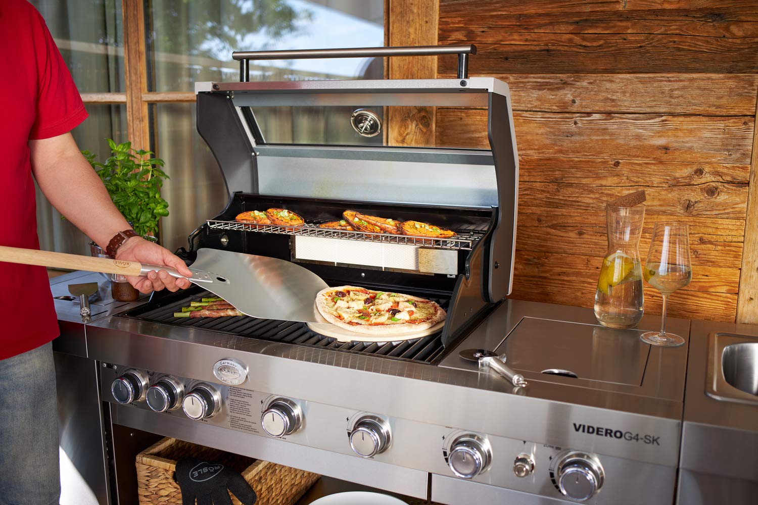 RÖSLE Set per pizza al barbecue con 3 accessori inclusi, pietra refrattaria, pala per infornare la pizza e coltello per pizze e focacce, per preparare una pizza croccante come con il forno a legna