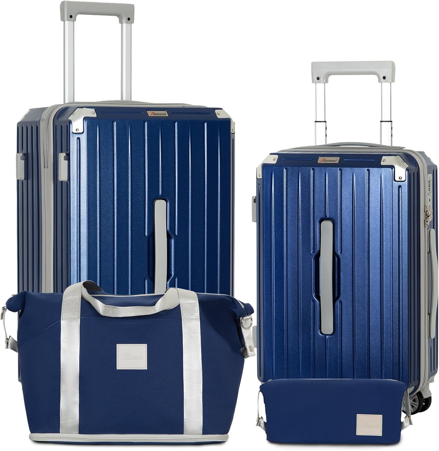 Romswi Suitcase Set 4Piece with Cup Holder TSA Lock, 20" 28" Hardside Spinner Luggage Set with Duffel Bag, Lightweight Durable PC+ABS Navy Travel Luggage