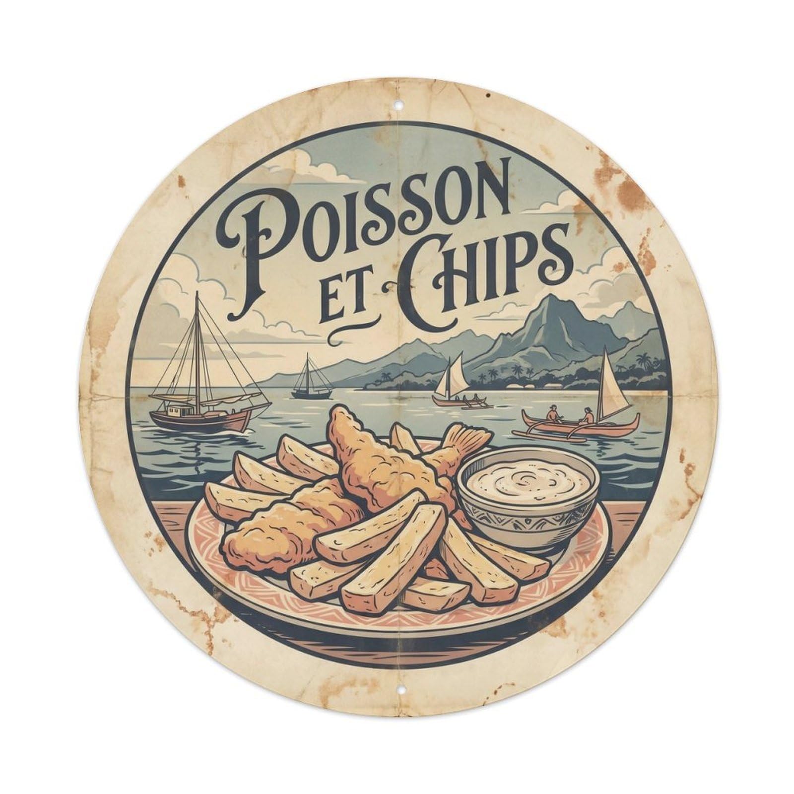 French Polynesia Fish And Chips Vintage Travel Cuisine Metal Tin Sign