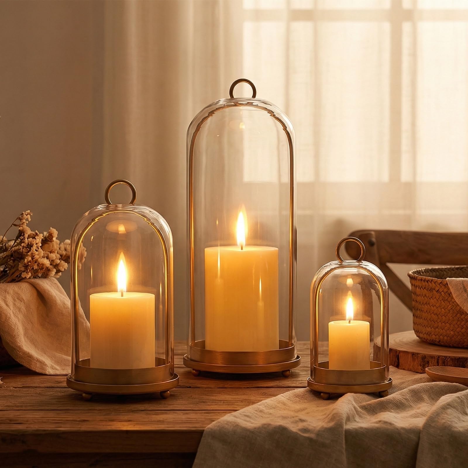6"&5"&4" Hurricane Glass Candle Holders Set of 3, Metal Candle Holder with Handmade Glass Dome in Brass, Hanging Versatile Hurricane Glass Candle Holders for Pillar Candles (Candles Not Including)