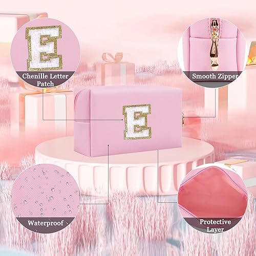 Miniatura 3 de HENGNI Pequeña bolsa de maquillaje personalizada con letra inicial, bonita bolsa impermeable de piel sintética de chenilla para cosméticos, bolsa de