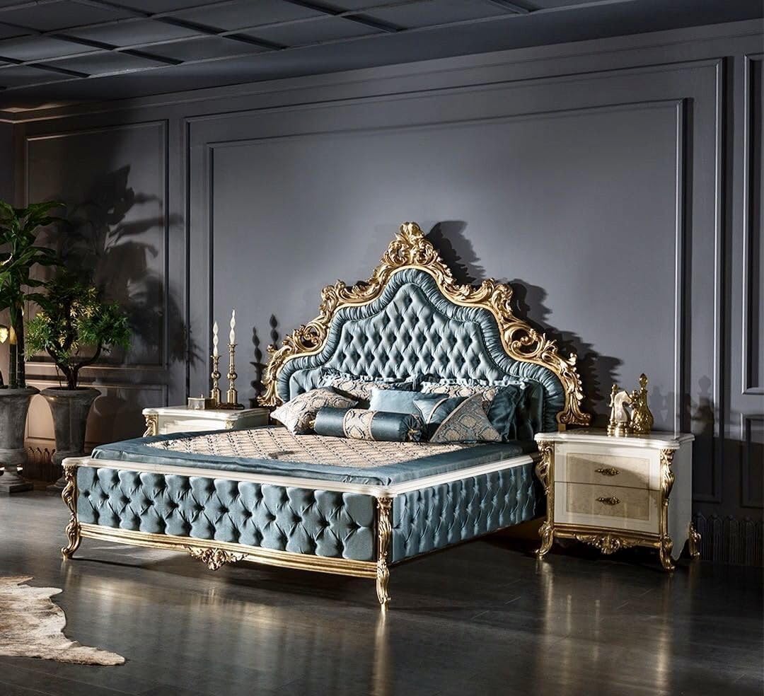 Luxury King Size Bed | Hand-Carved Solid Wood Frame Tufted Upholstered Headboard & Footboard | Antique Gold Leaf Finish | Victorian Style Royal Bedroom Furniture Set Side Tables