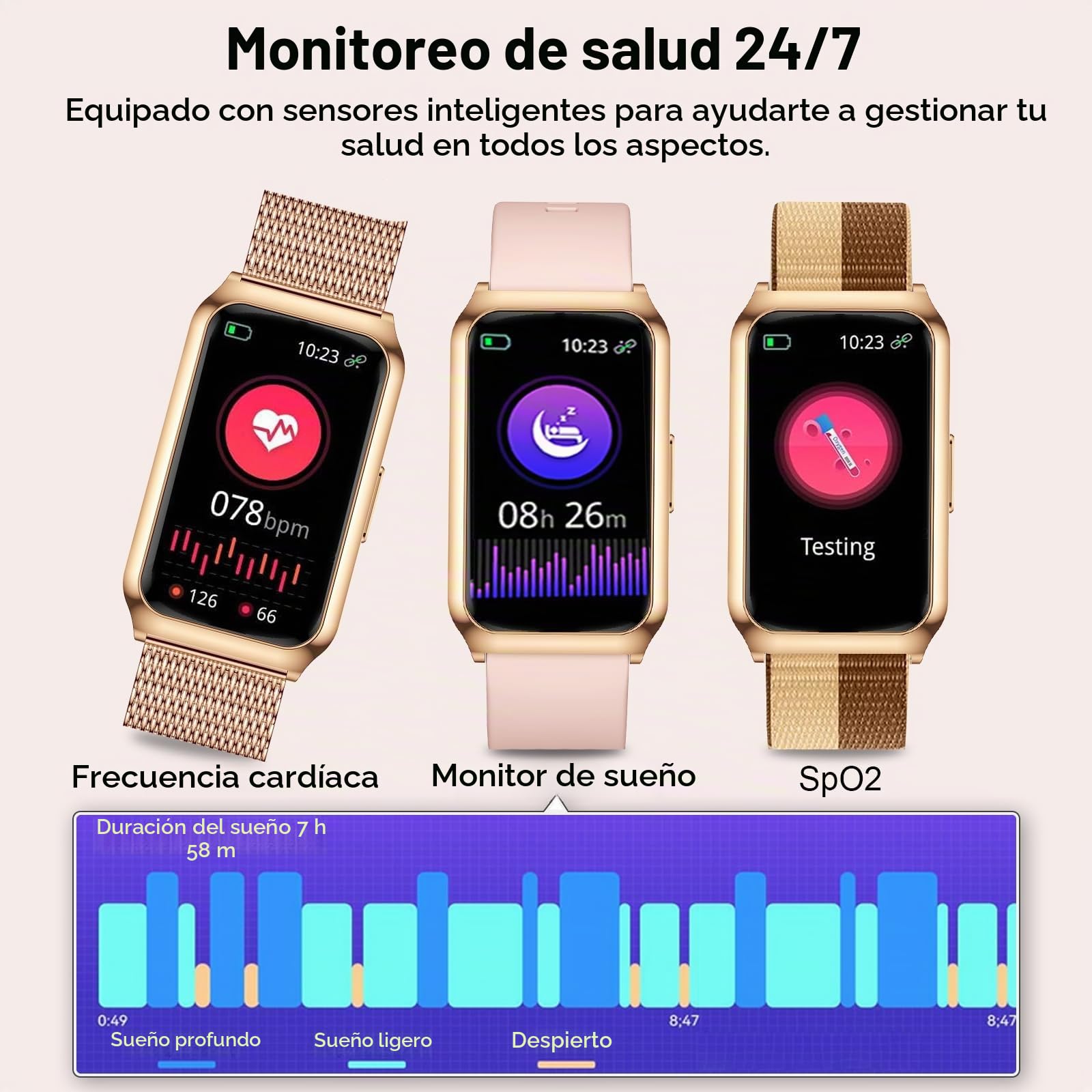 Reloj Inteligente Mujer, 1.47” HD Smartwatch con Marco de Aleación de Aluminio, Oxímetro Sueño Pulsometro, 100+ Modos Deportivos, Pulsómetro, IP68 Impermeable Smart Watches para iOS Android, 3 Correa