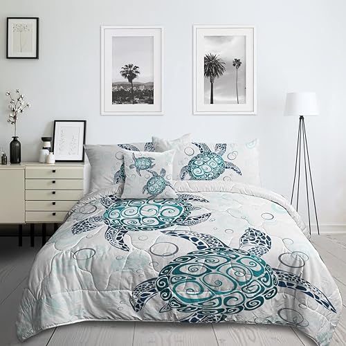 Miniatura 7 de Sleepwish - Juego de edredón con estampado de tortuga, juego de cubrecamas de tortuga hawaiana tamaño Queen en 3D, edredón de playa lindo para cama