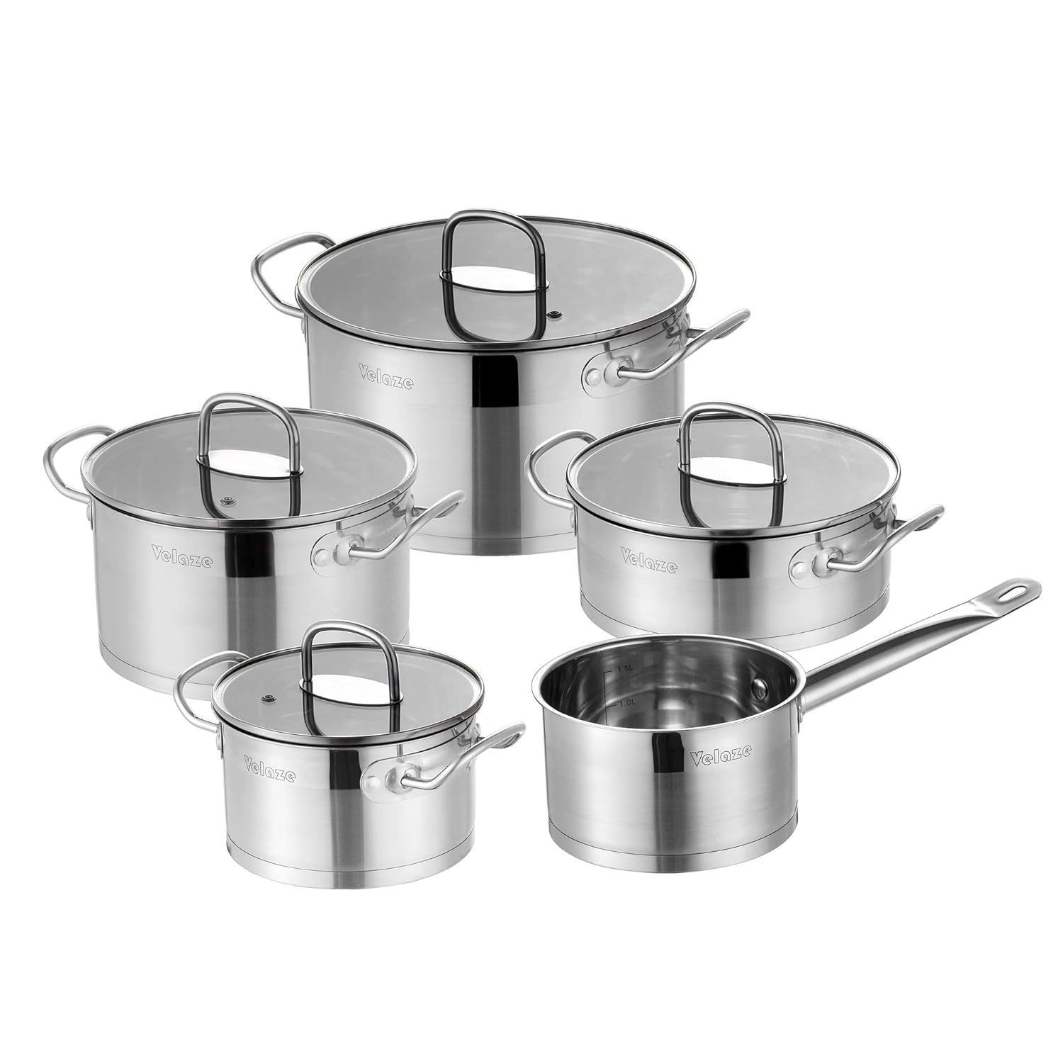 Velaze Cookware Sets, 9 Piece Stainless Steel Pots and Pans Sets, Cooking Set with Glass Lids