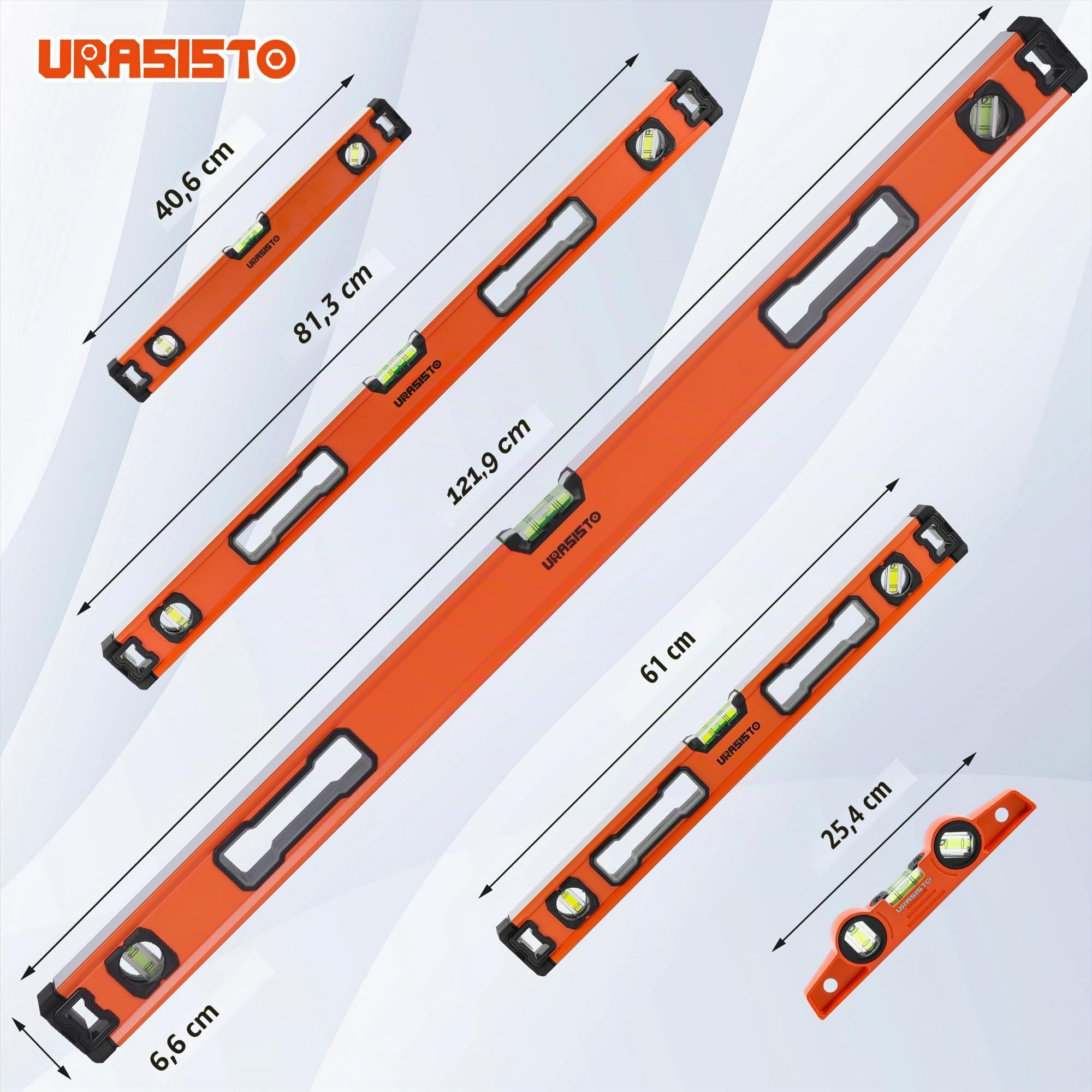 URASISTO 5-teiliges Wasserwaagen-Set, 25cm, 40cm, 60cm, 80cm, 120cm Nivellierset mit magnetischem Torpedoniveau, 45°/90°/180° Blasenmessung, Aluminiumlegierungs-Niveaus mit Tragetasche