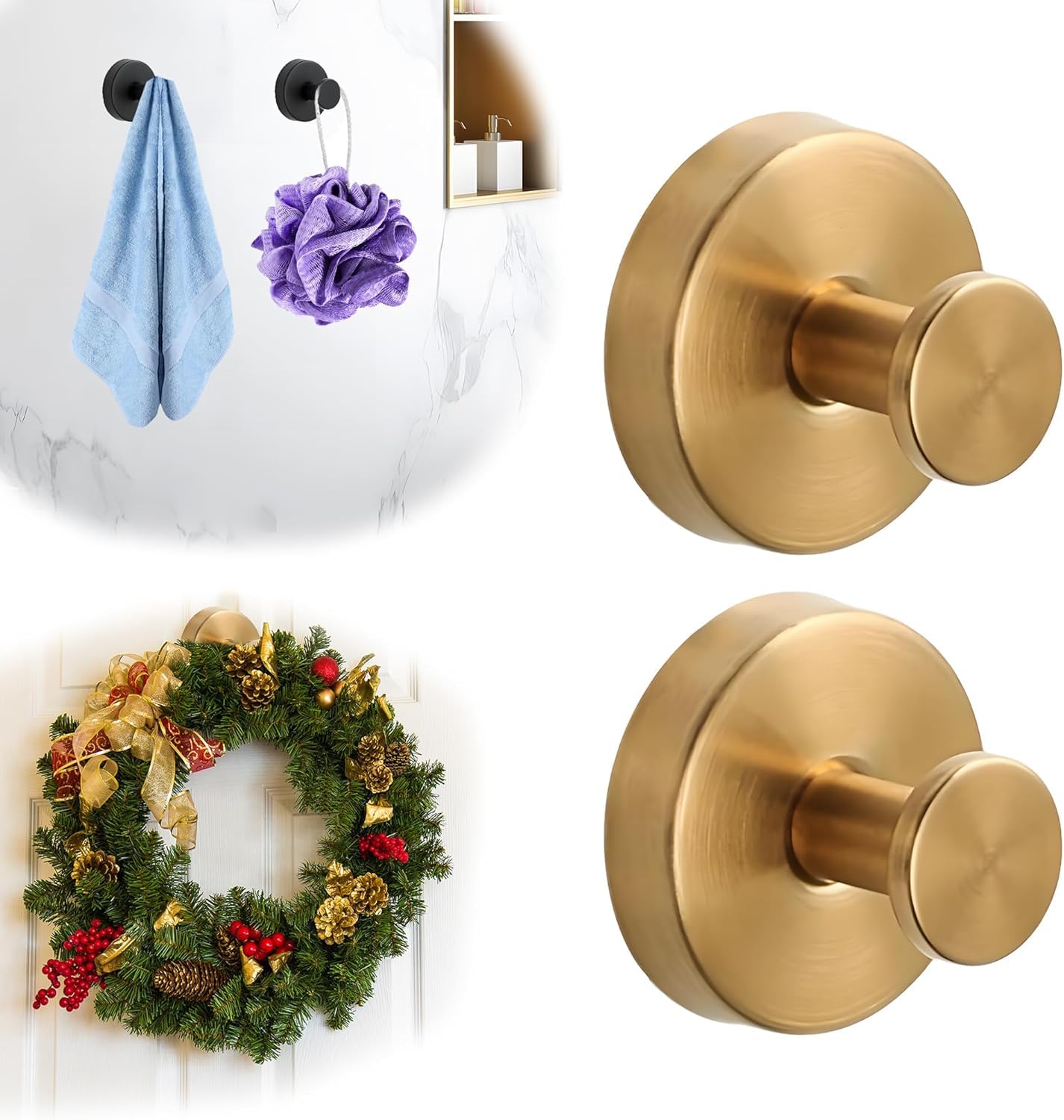 Suction Cup Hooks for Halloween & Christmas Wreath - No Drill Suction Cup Hooks for Shower Hanging Towels, Stainless Steel Wreath Hanger Holder for Glass Window Door Bathroom Mirrors (Gold, 2 PCS) — image 1