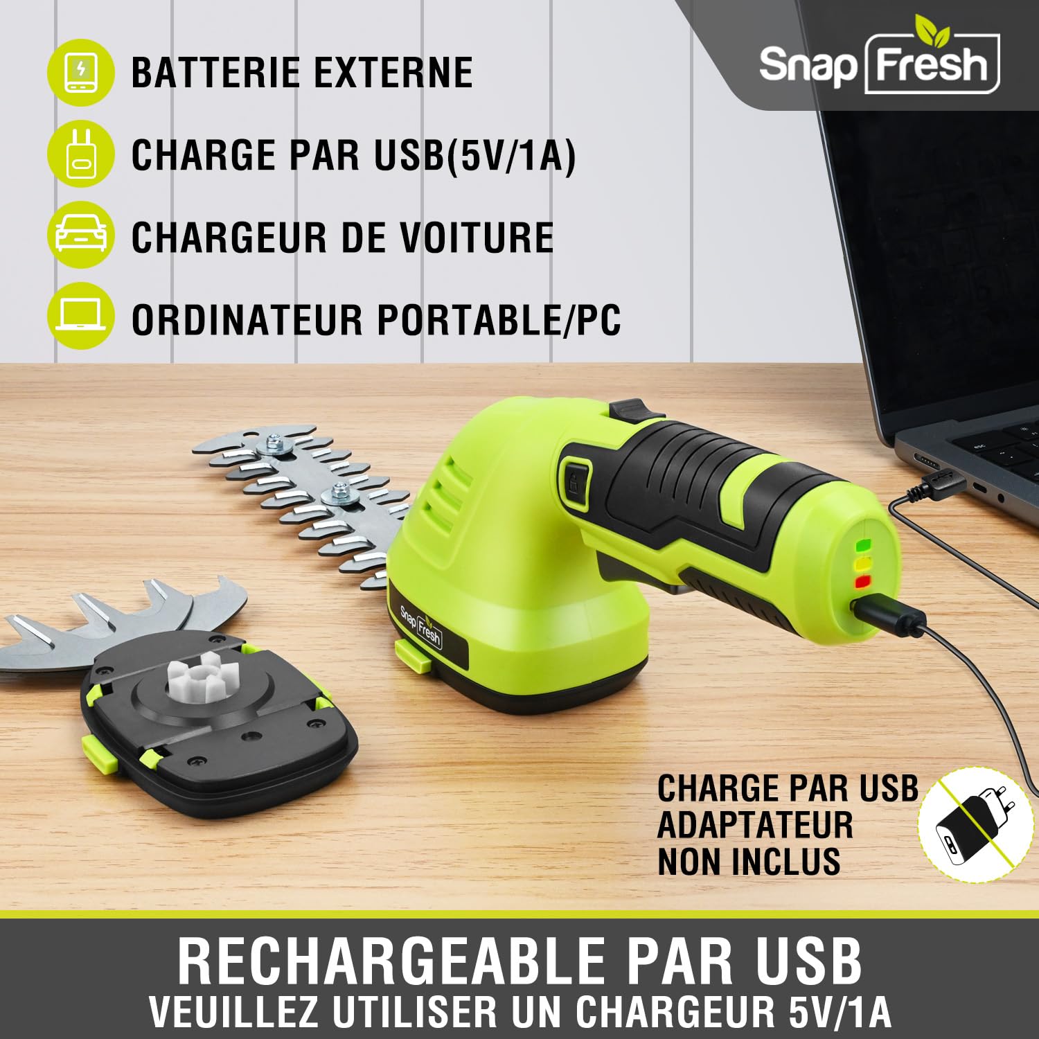 SnapFresh Mini Taille Haie sans Fil 8V Poignée Rotative Cisaille à Gazon avec Batterie 2 Lames CÂBLE USB-C 151mm 98mm