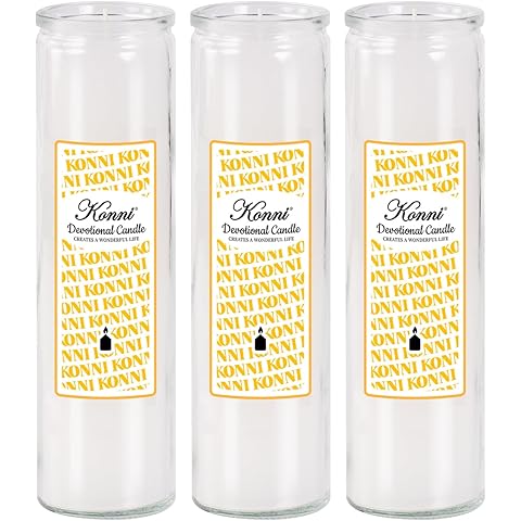 KONNI 2x8 Inch White Pillar Candles in Glass Set of 3, Devotional Prayer Candle, Unscented Religious Candles, 105 Hours Emergency Long Burning, Ideal for Memorials, Vigil, Blessing