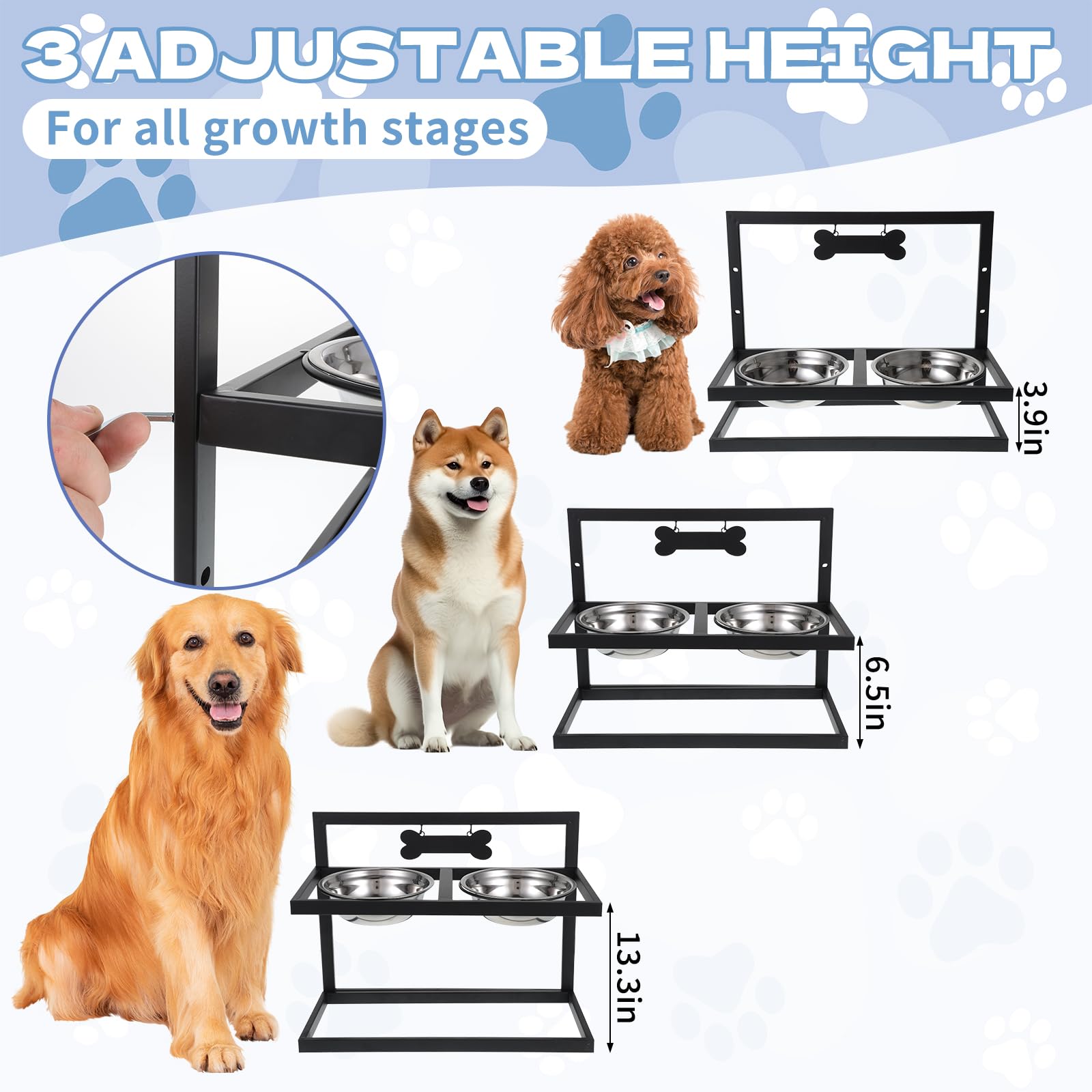 Gamelles surélevées pour chien avec tapis, support de gamelle surélevée réglable en hauteur avec 2 gamelles en acier inoxydable pour animaux de compagnie, station d'alimentation en métal pour chiens