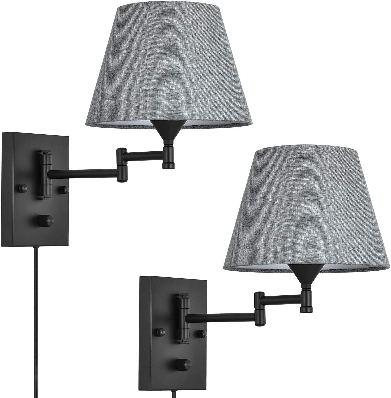Pauwer Plug in Wall Sconce Set of 2 Swing Arm Wall Lamp with Plug in Cord and Grey Fabric Shade Wall Light Fixtures for Hallway Bedroom Living Room
