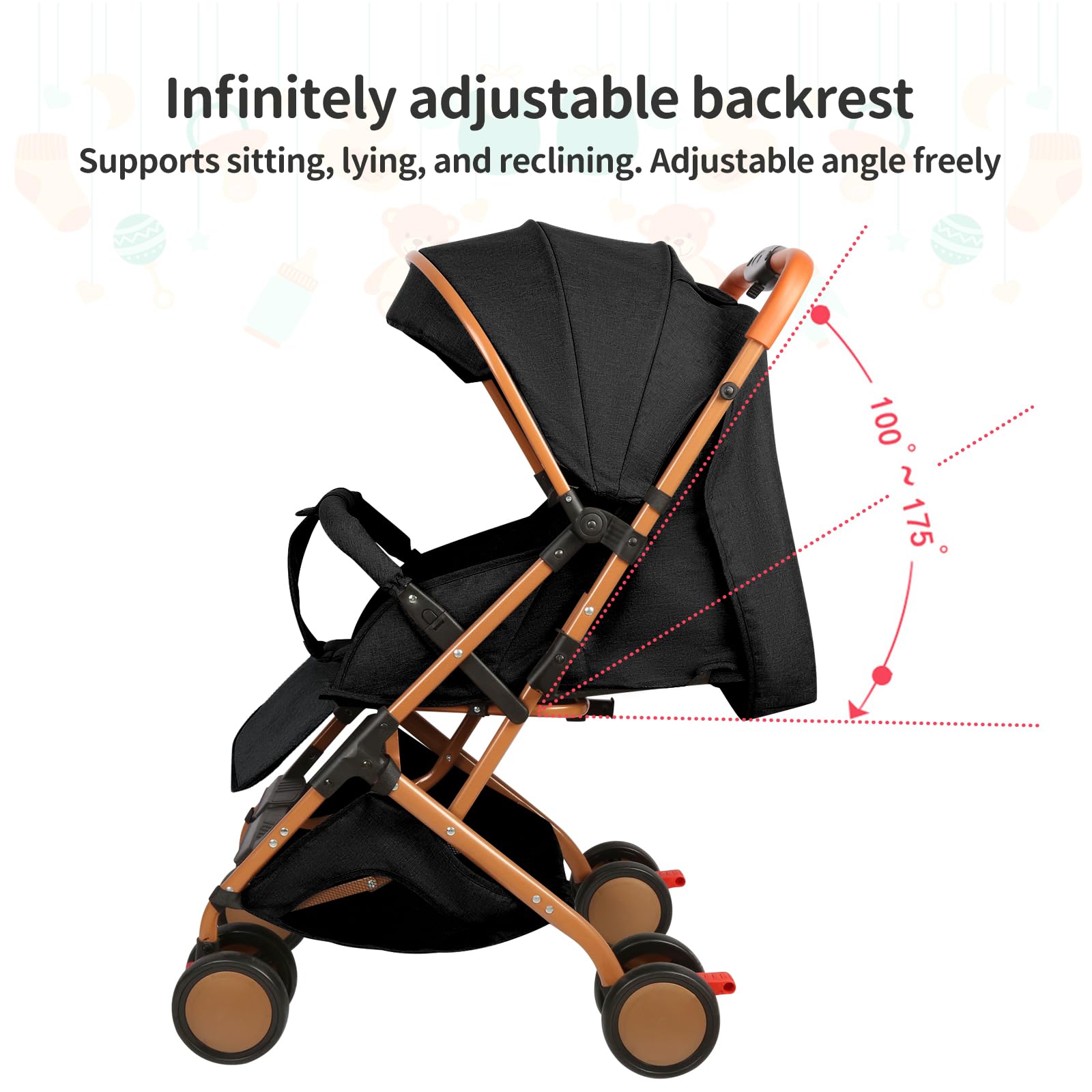 OHMG Passeggino Canne, 0-4 anni, 0-22 kg, passeggino leggero e compatto, schienale reclinabile, imbracatura a 5 punti, pieghevole Pousette da viaggio con baldacchino e zanzariera, ruote antiscivolo