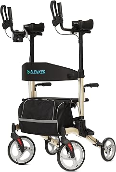 ELENKER Upright Walker, Stand Up Folding Rollator Walker with 10 Front Wheels Backrest Seat and Padded Armrests(Champagne)