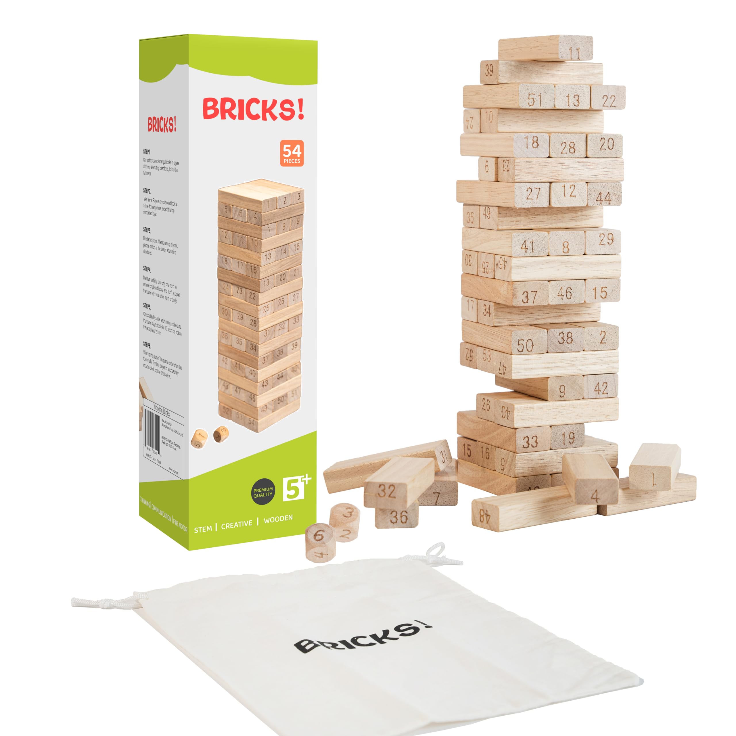 Bricks! Tumble Tower Classic Game, 54Pcs Wooden Blocks Includes a Draw String Bag and Pair of Dice, Tumble Tower, Outdoor/Indoor Game for Adults and Family
