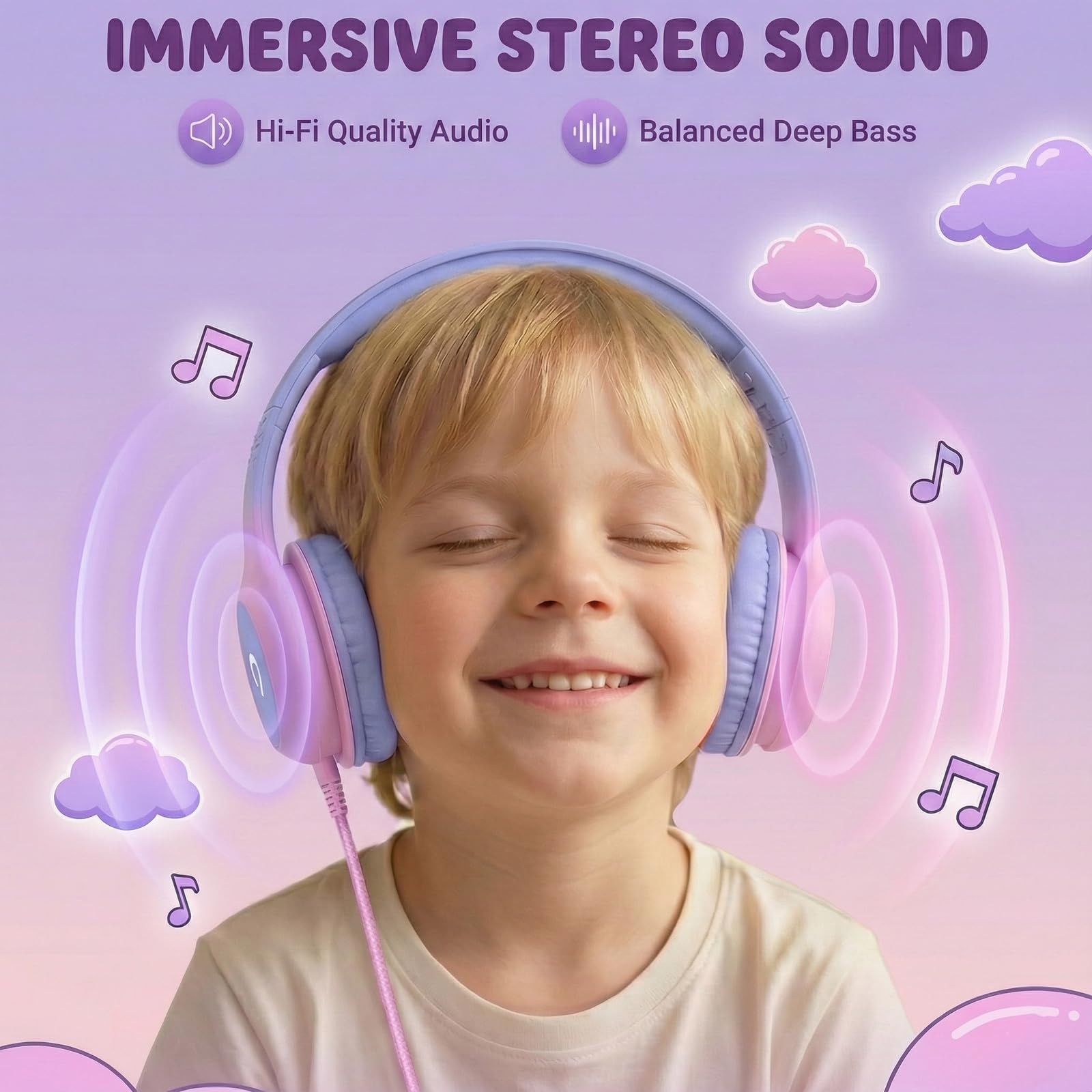 ADOOPE Cuffie cablate per bambini con spina USB C, volume sicuro 85 dB, archetto regolabile, senza grovigli, cuffie per scuola, tablet, viaggi (viola chiaro e rosa, senza microfono)