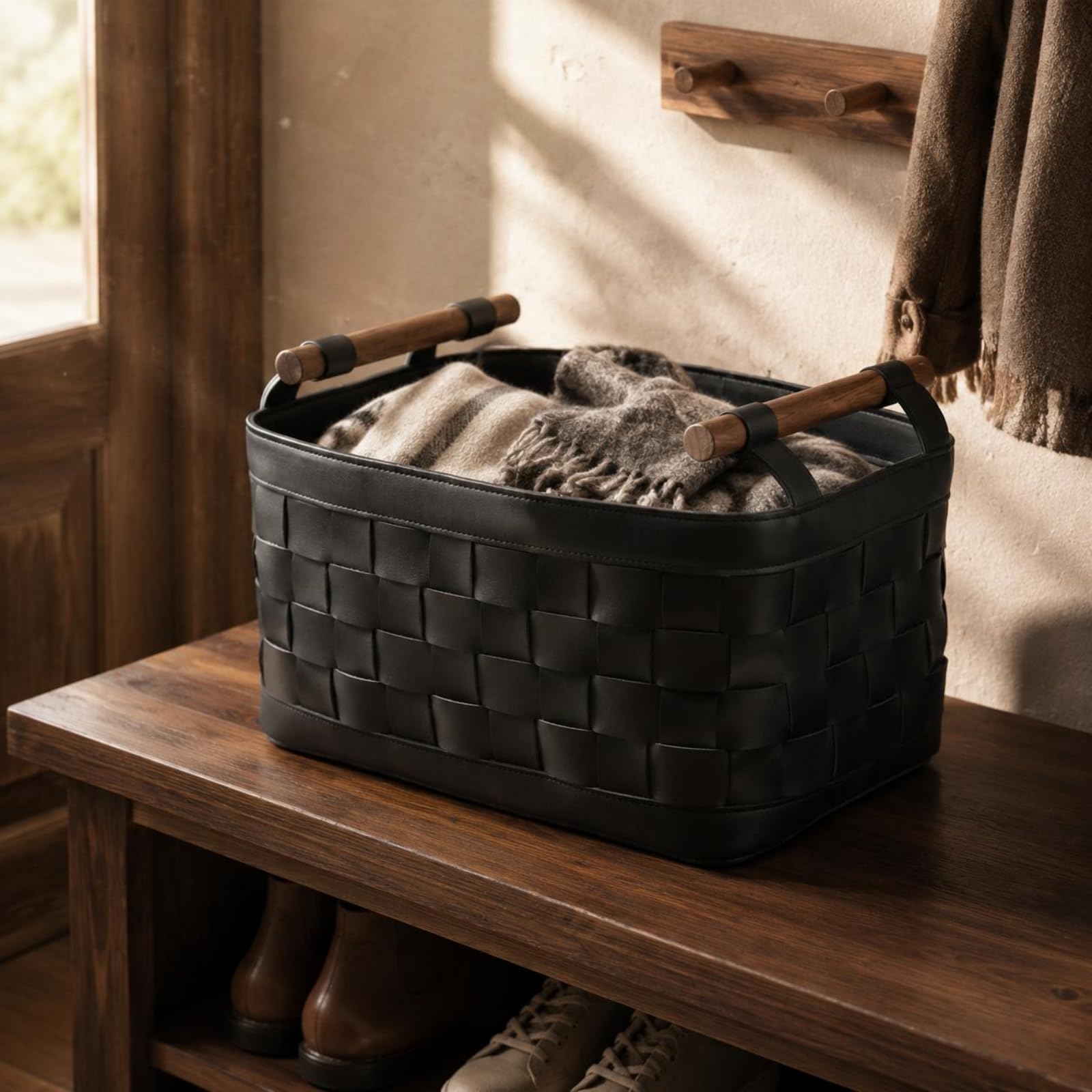 Cesto Intrecciato in Pelle Versatile Cesto Rettangolare Intrecciato Salvaspazio Cestino Decorativo per Camera da Letto, Nero