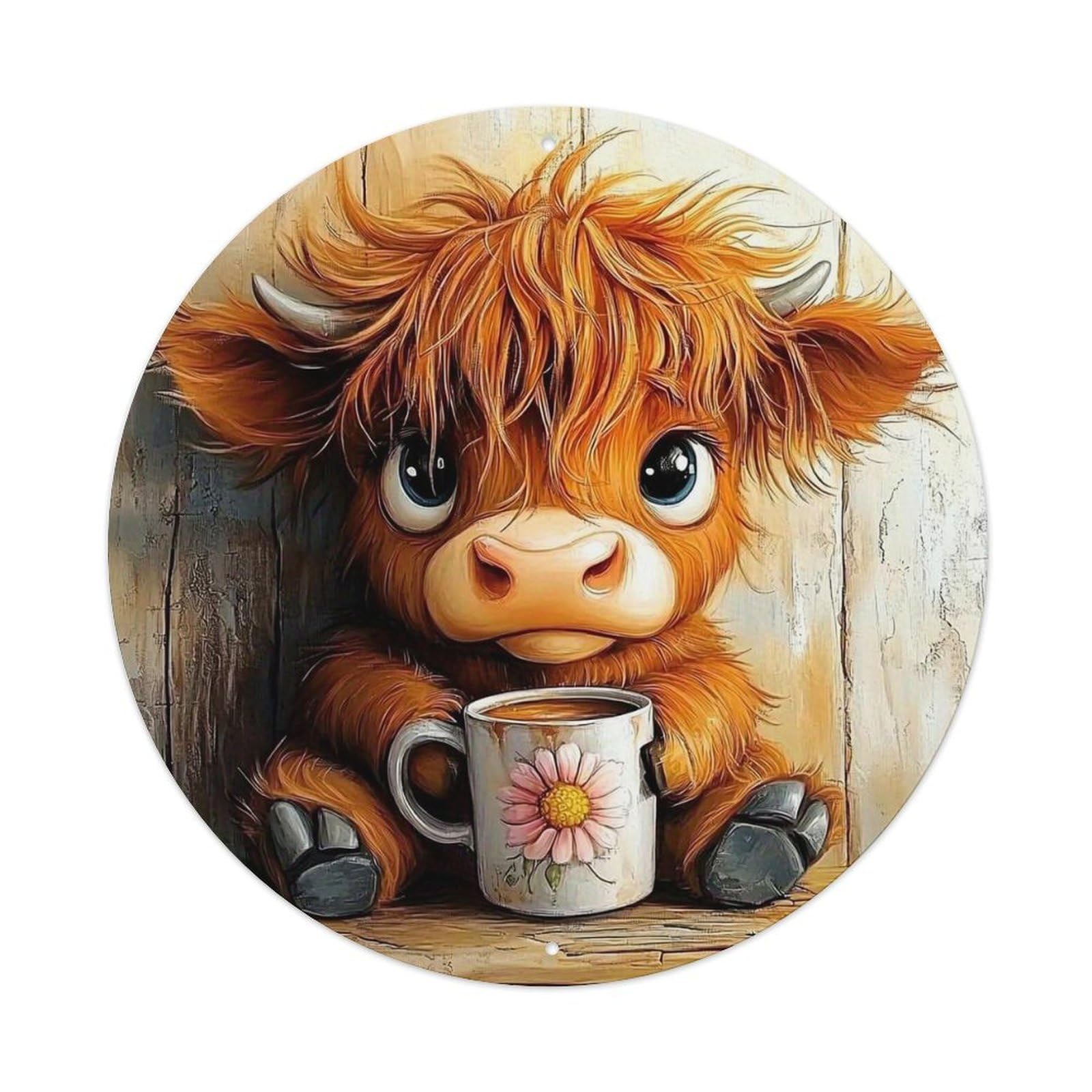 Cute Highland Calf With Mug Vintage Metal Tin Sign Retro Wall Decor for Home Bar Garage Cafe, Indoor & Outdoor Decorative，circle Metal Poster, 8x8 Inch