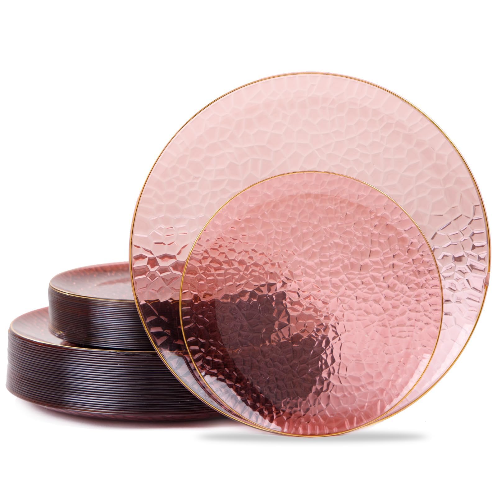 Photo 1 of Hioasis 60pcs Burgundy Plastic Plates - Gold Rimmed Disposable, Hammered, Heavy-duty Dinnerware Set Suitable for 30 Guests, 10.25" Dinner & 7.5" Dessert Plates for Party & Wedding