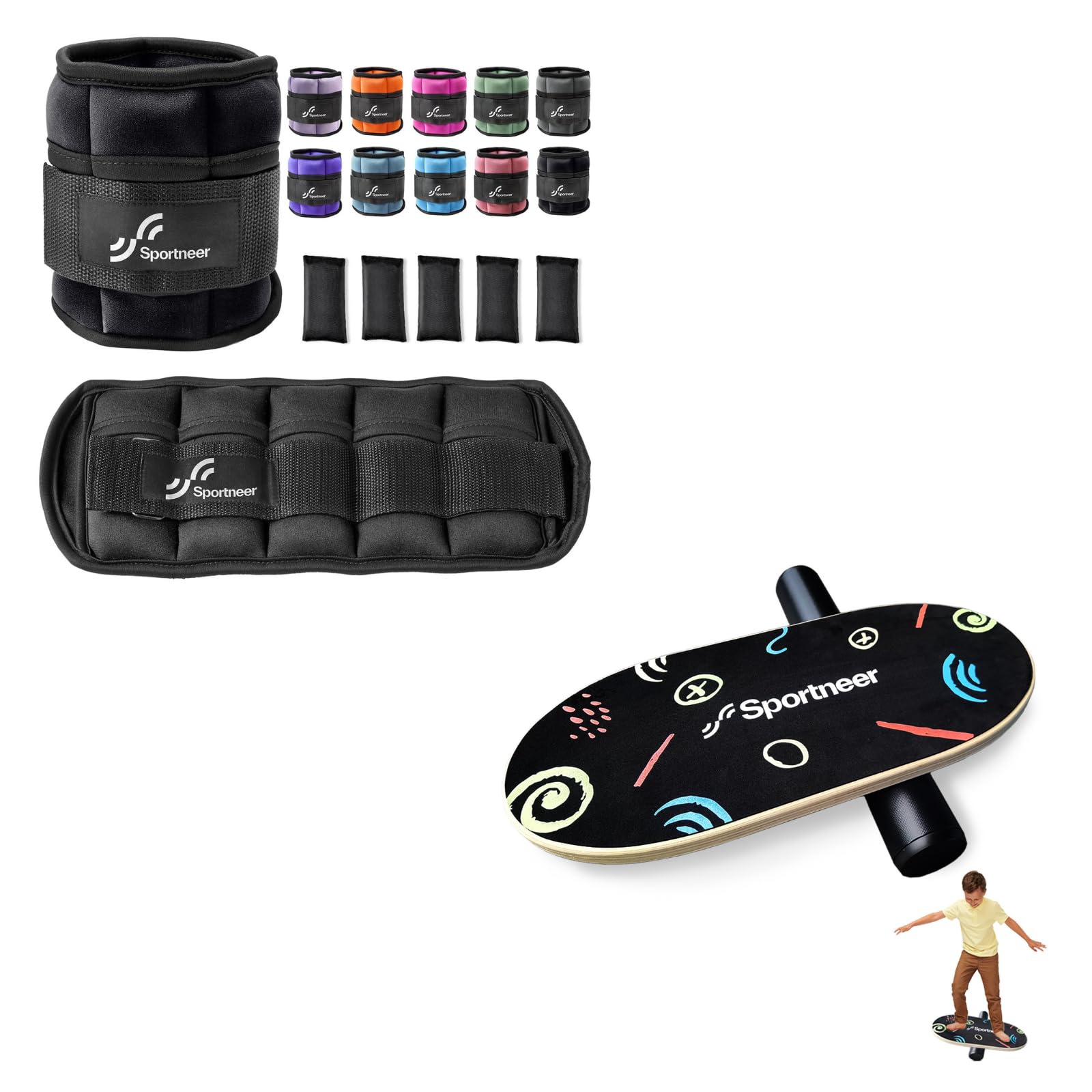 SportneerAdjustable Weighted Ankle Weights Set 1 Pair 2 4 6 8 10 Lbs Leg Weight Straps for Women Bundle with Balance Board Kids - Sportneer Wooden Wobble Board for Kids