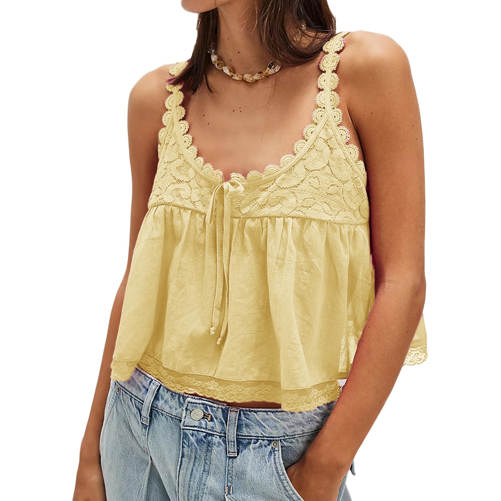 Women Lace Trim Babydoll Tank Top Tie Front Sexy Semi Sheer Y2k Summer Teen Girls Going Out Tops