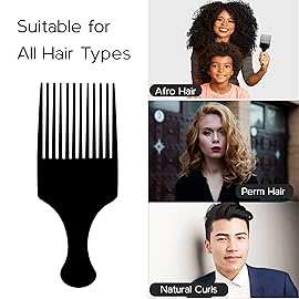 Boorika Afro Hair Pick Comb for Women & Men, 7.5 In Smooth Sturdy Wide Tooth for Detangling & Styling - Pack of 2