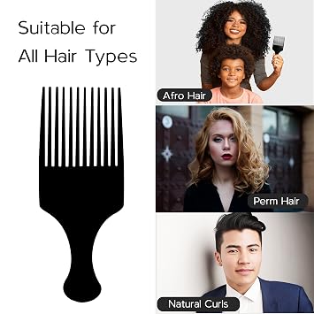 Boorika Afro Hair Pick Comb for Women & Men, 7.5 In Smooth Sturdy Wide Tooth for Detangling & Styling - Pack of 2
