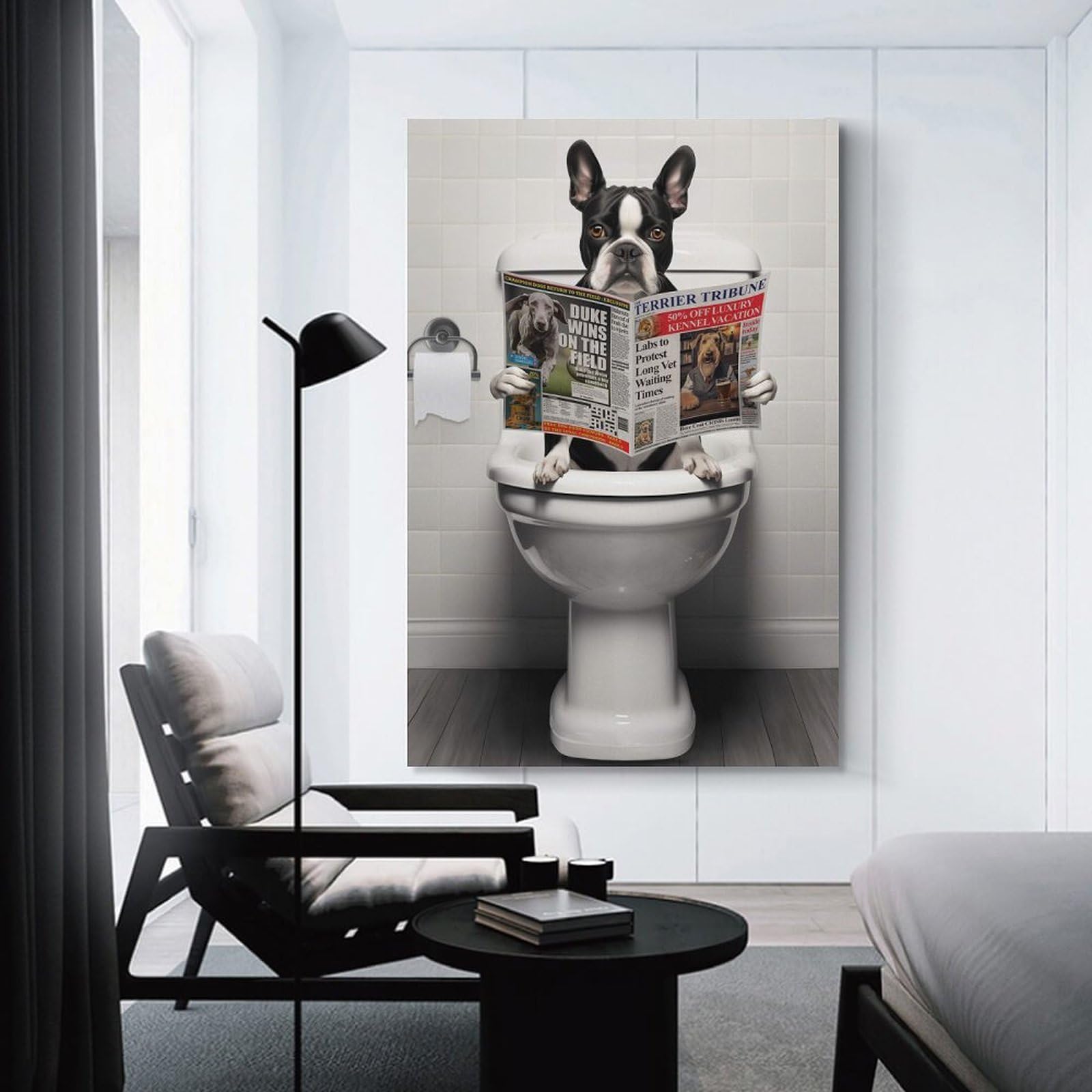 Junmoney Unframe-Style Wall Picture Print Boston Terrier On Toilet, 24X36inch(60X90cm), For Entrance Walls, Hall Decor Or Foyers, Home Artwork For First Impressions