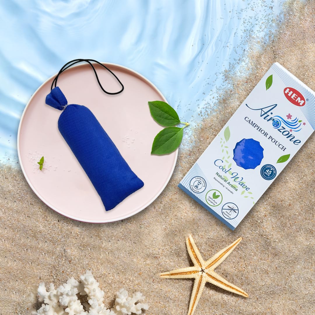 HEM Airozone Coolwave Camphor Pouch | Refreshing Air Freshener for Car, Wardrobe, Drawers, Kitchen & Travel Bags | Soothing Camphor Scent for Purification & Insect Repellent | Pack of 1-60g Each