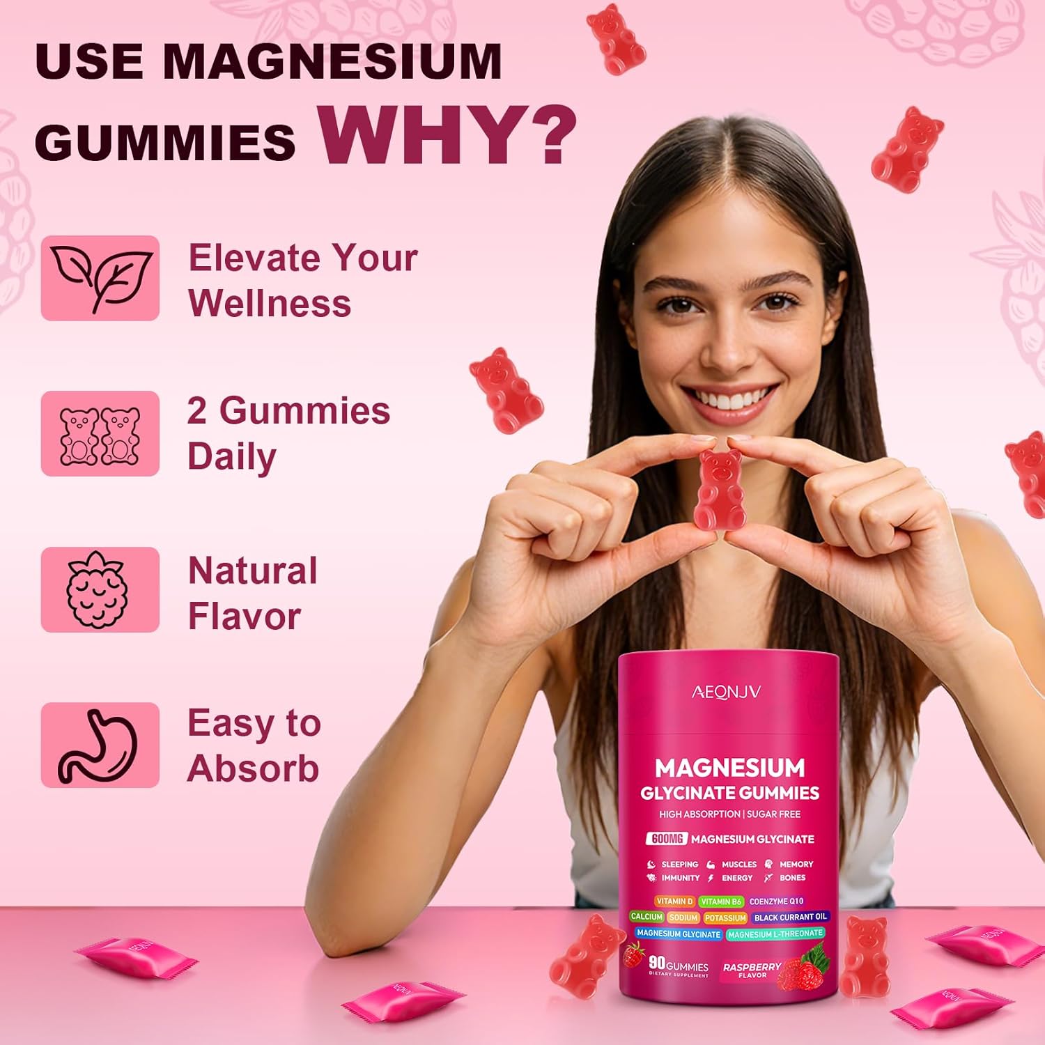 Magnesium Glycinate Gummies 600mg, High Absorption Magnesium Supplement, Sugar Free Chewables Gummies with VitaminD & B6, CQ10 for Adults & Kids, Relax, Muscle & Zzz Support - Image 3