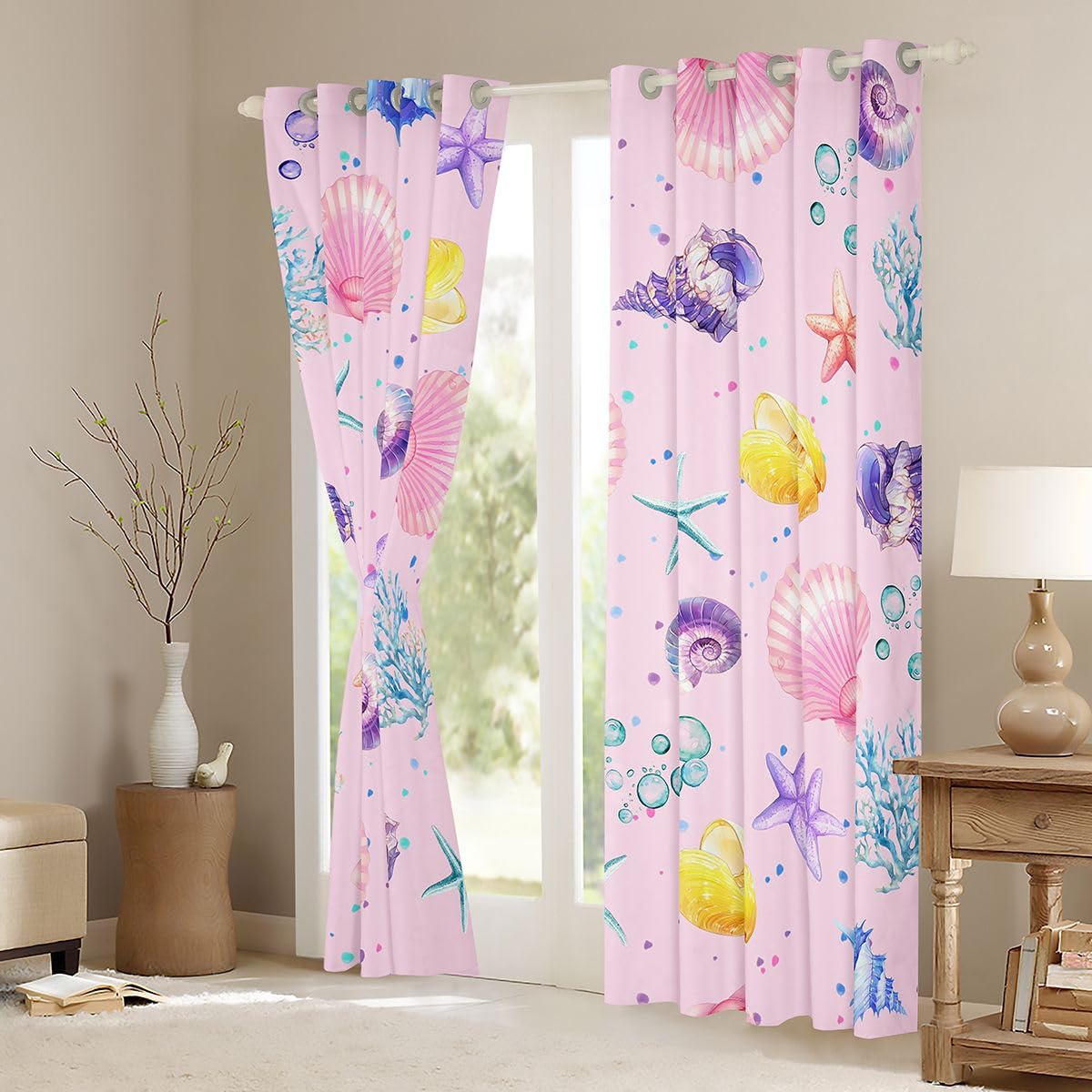 Homemissing Tende oscuranti rosa costiere per camera da letto, soggiorno, oceano spiaggia, tende oscuranti a tema nautico corallo stelle marine, 2 pannelli 167,6 x 182,8 cm (larghezza x lunghezza)