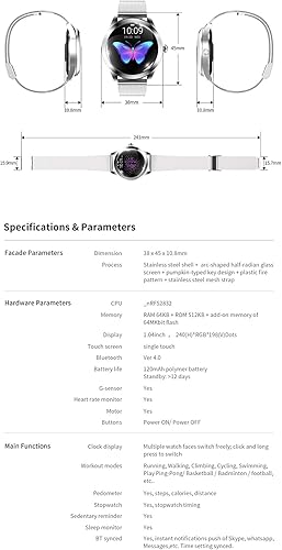 Miniatura 9 de Smart Touch KW10 - Reloj inteligente para mujer, resistente al agua IP68, Bluetooth, monitor de sueño y frecuencia cardíaca, podómetro, recordatorio