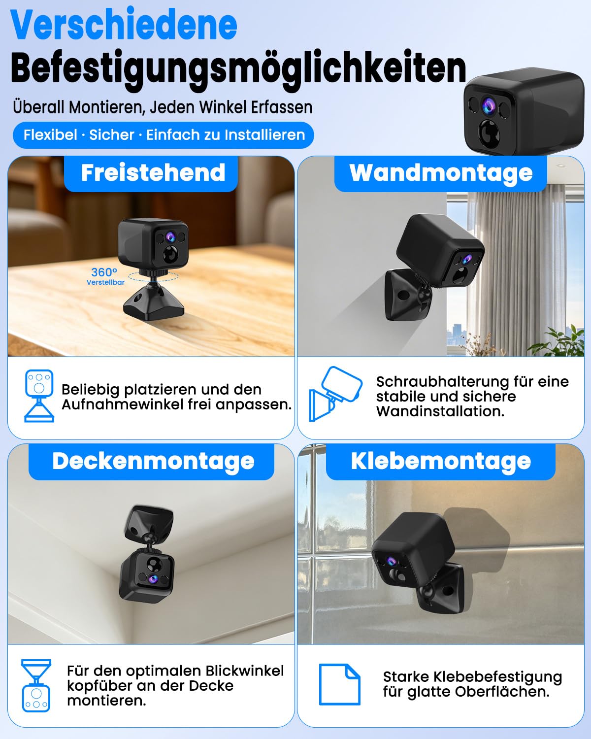 Mini Kamera Überwachungskamera Innen Ohne Wlan, WiFi & AP Hotspot, Kamera Überwachung Außenbereich Akku, 160 Tage Standby, Weitwinkel, Nachtsicht, Kabelloses Kamera für Haus/Haustier, Tiefschwarz
