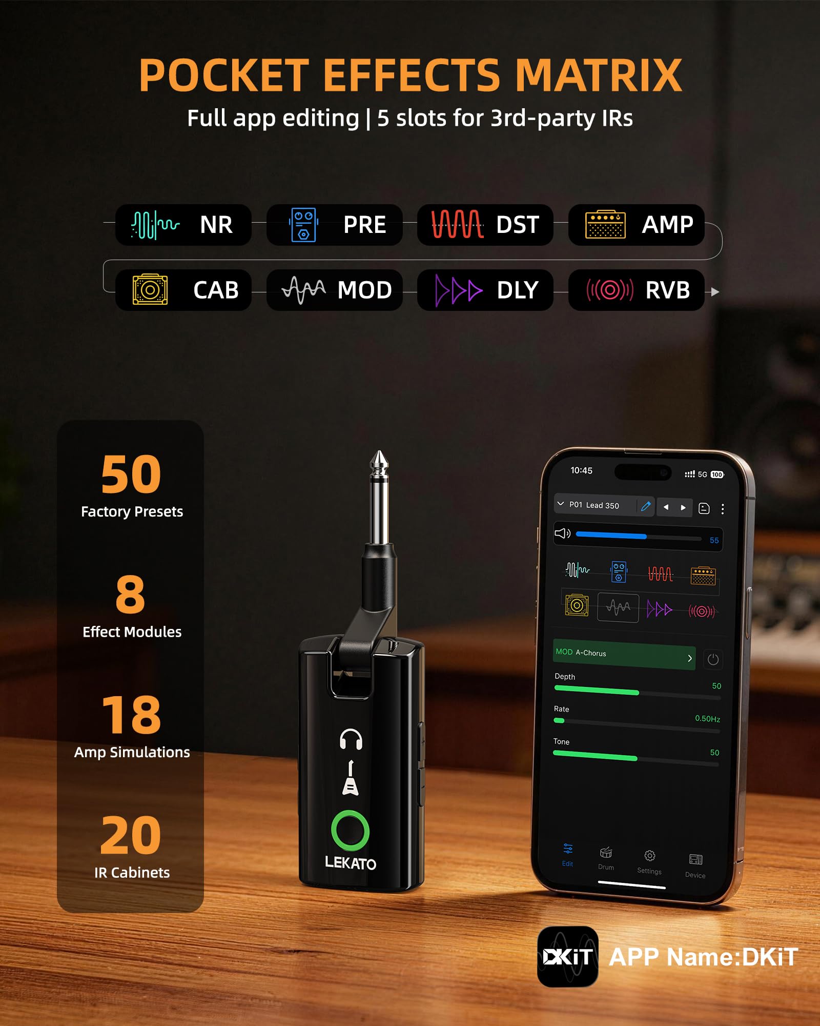 LEKATO PA-5 Mini amplificador de auriculares de guitarra, multiefectos controlados por aplicación con 8 módulos, 18 amperios, 20 IR y carga IR, además de máquina de tambor, práctica silenciosa