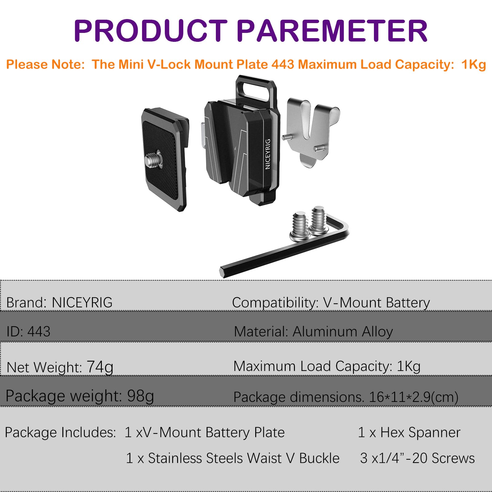NICEYRIG Piastra Batteria Mini V Mount con clip da cintura, piastra di base standard Arca-Swiss per fotocamera SLR, pacco batteria, registratore, luce flash - 443