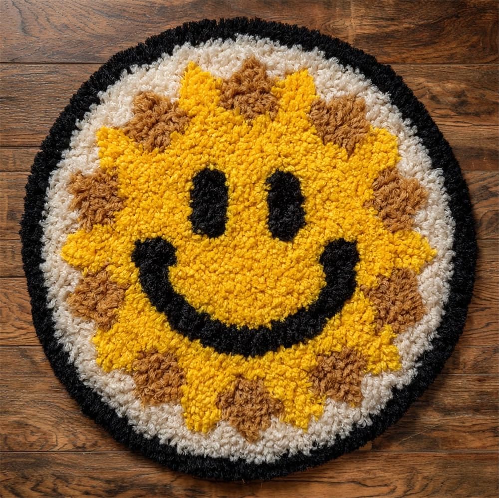 kitphoenix Round Latch Hook Kits Rug Making Crafts with Colorful Pattern Printed, Smiling Star Unfinished Handmade Crochet Yarn for Adults Beginner, 50X50Cm