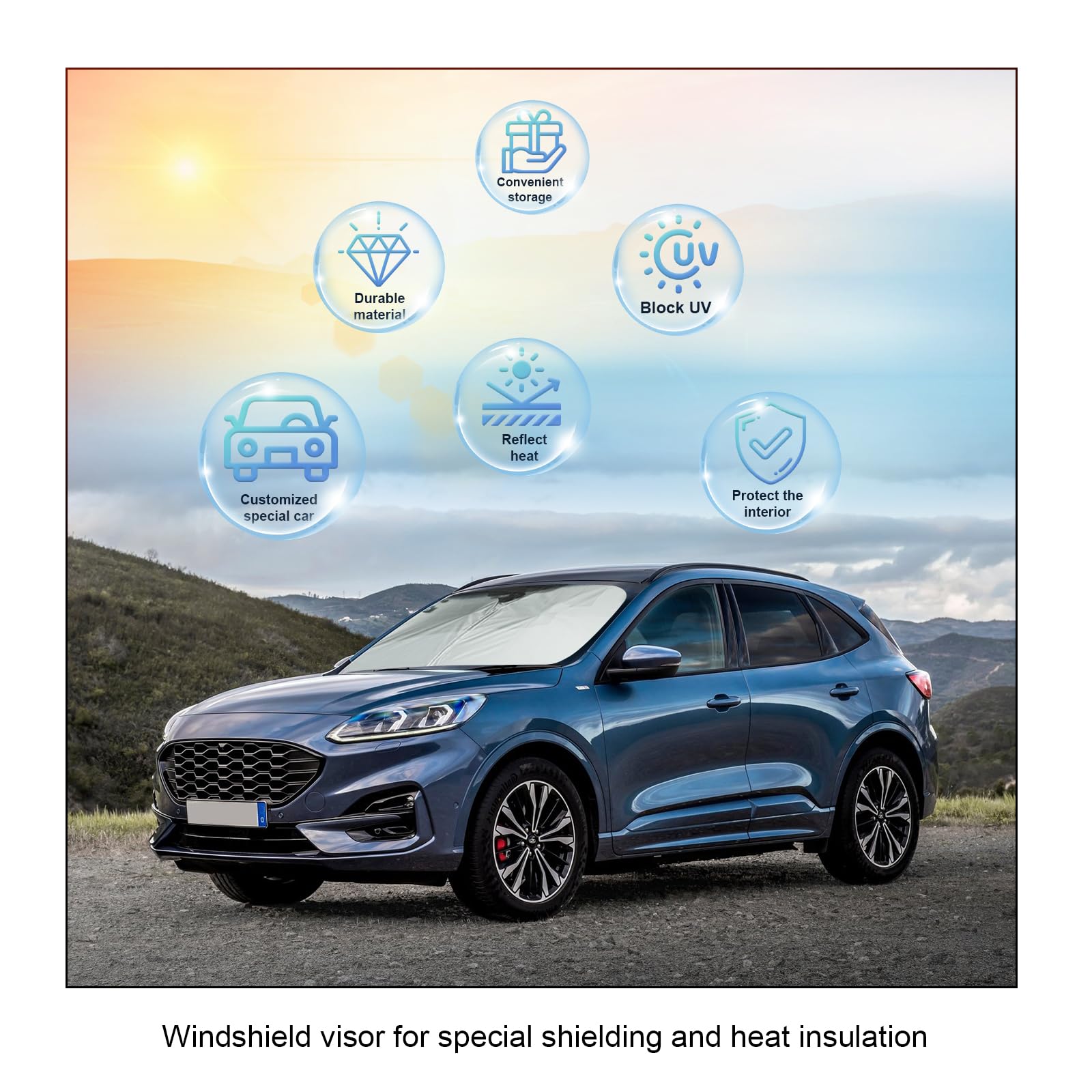 Auto voorruit zonnescherm paraplu voor Ford Kuga 2020-2023, 360 ° Rotatie opvouwbare voorruit zonnescherm beschermer, blokkeert UV