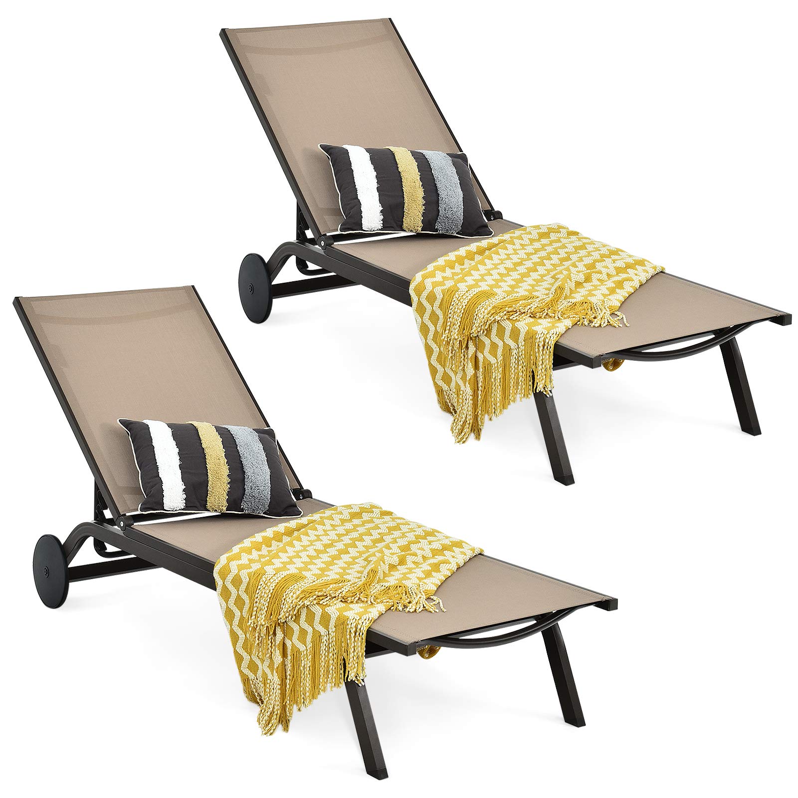DORTALA Set of 2 Outdoor Aluminum Chaise Lounge, Patio Lounge Recliner Chair w/Adjustable Backrest and Wheels for Beach, Yard, Balcony, Poolside,