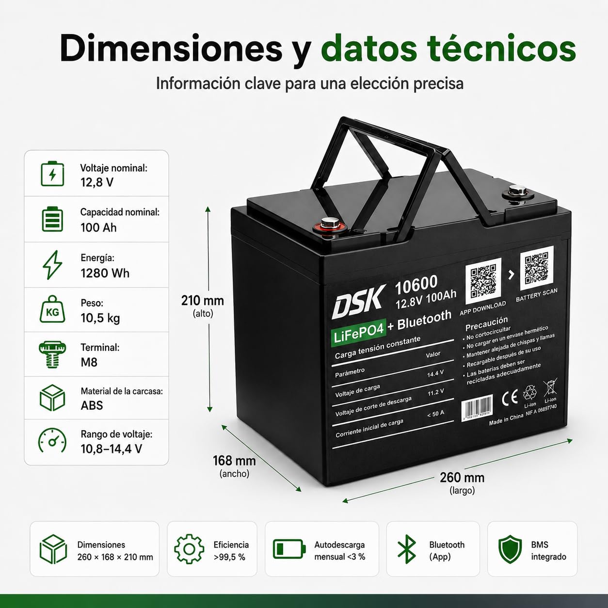 DSK Batería LiFePO4 12V 100Ah con Bluetooth, BMS, pantalla LCD, protección baja temperatura, batería litio 1280 Wh para autocaravana, energía solar, camper, barco, SAI y energía renovable premium