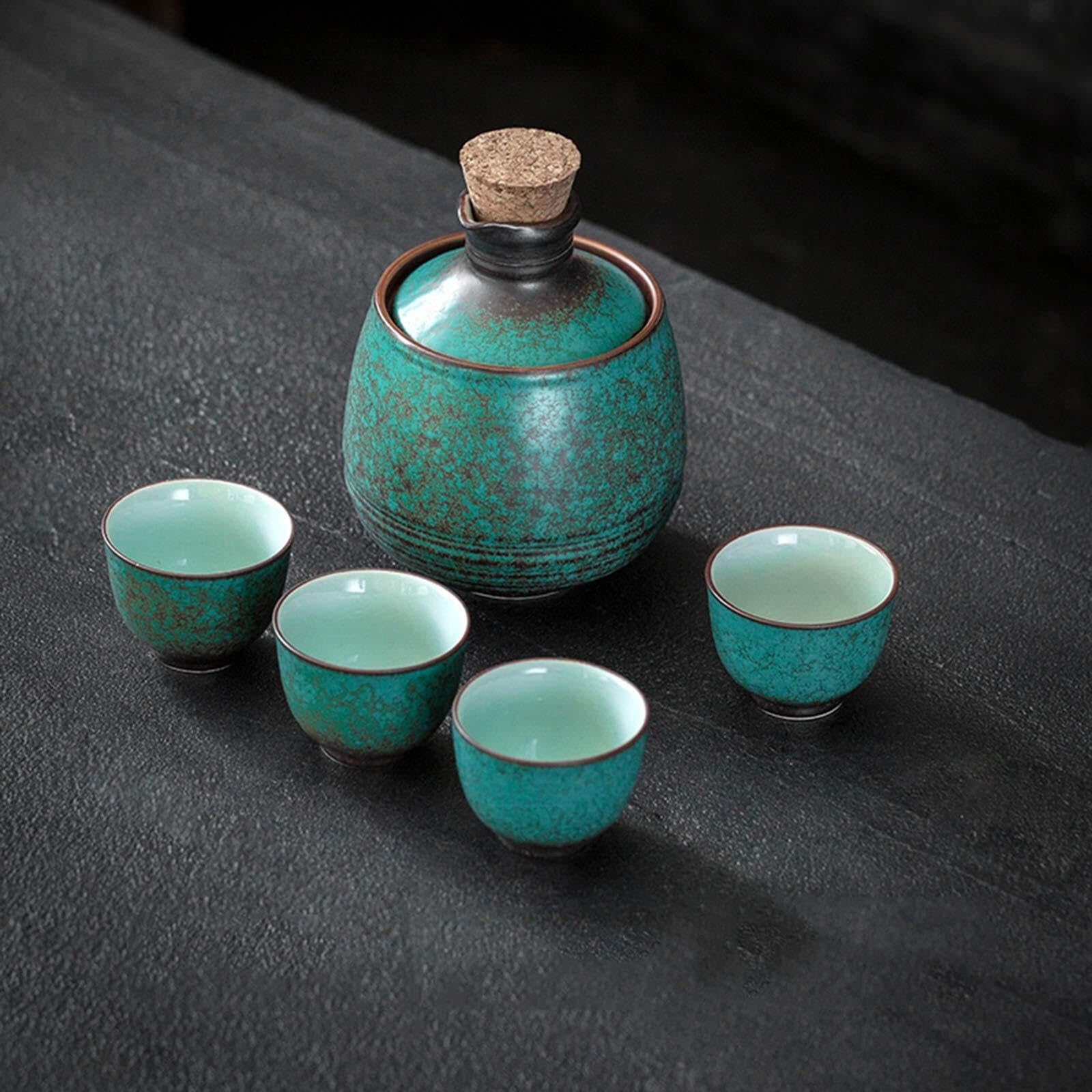 Juego de sake japonés ideal para regalar set completo con jarra, calentador y 4 tazas