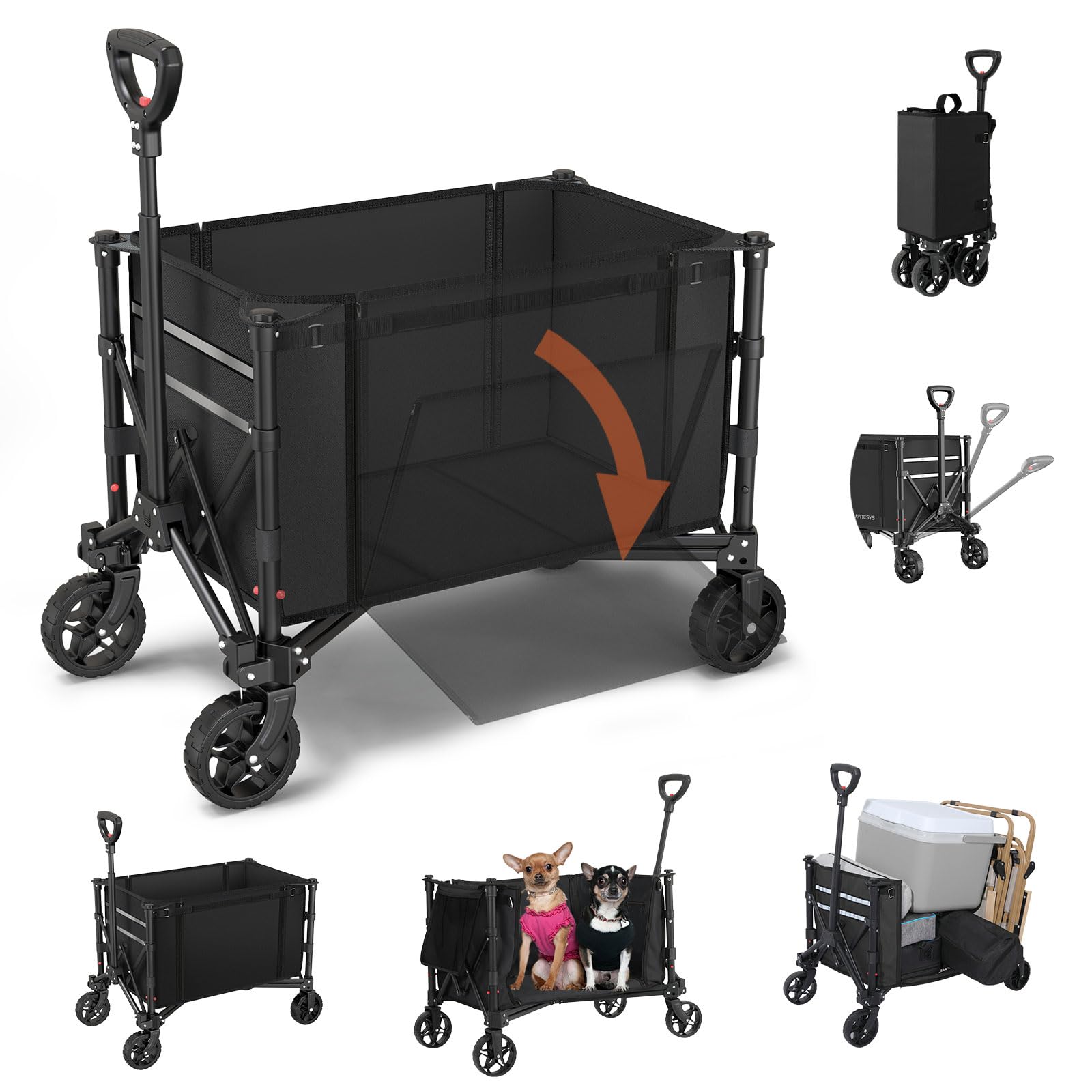 Housolution キャリーワゴン 大容量120L 耐荷重100kg アウトドアワゴン 折り畳み式キャンプカート ワンタッチ収束式 自立収納 静音 キャンプ/砂浜/釣り/引越し/買い物/ゴミ出し 収納カバー付き Black