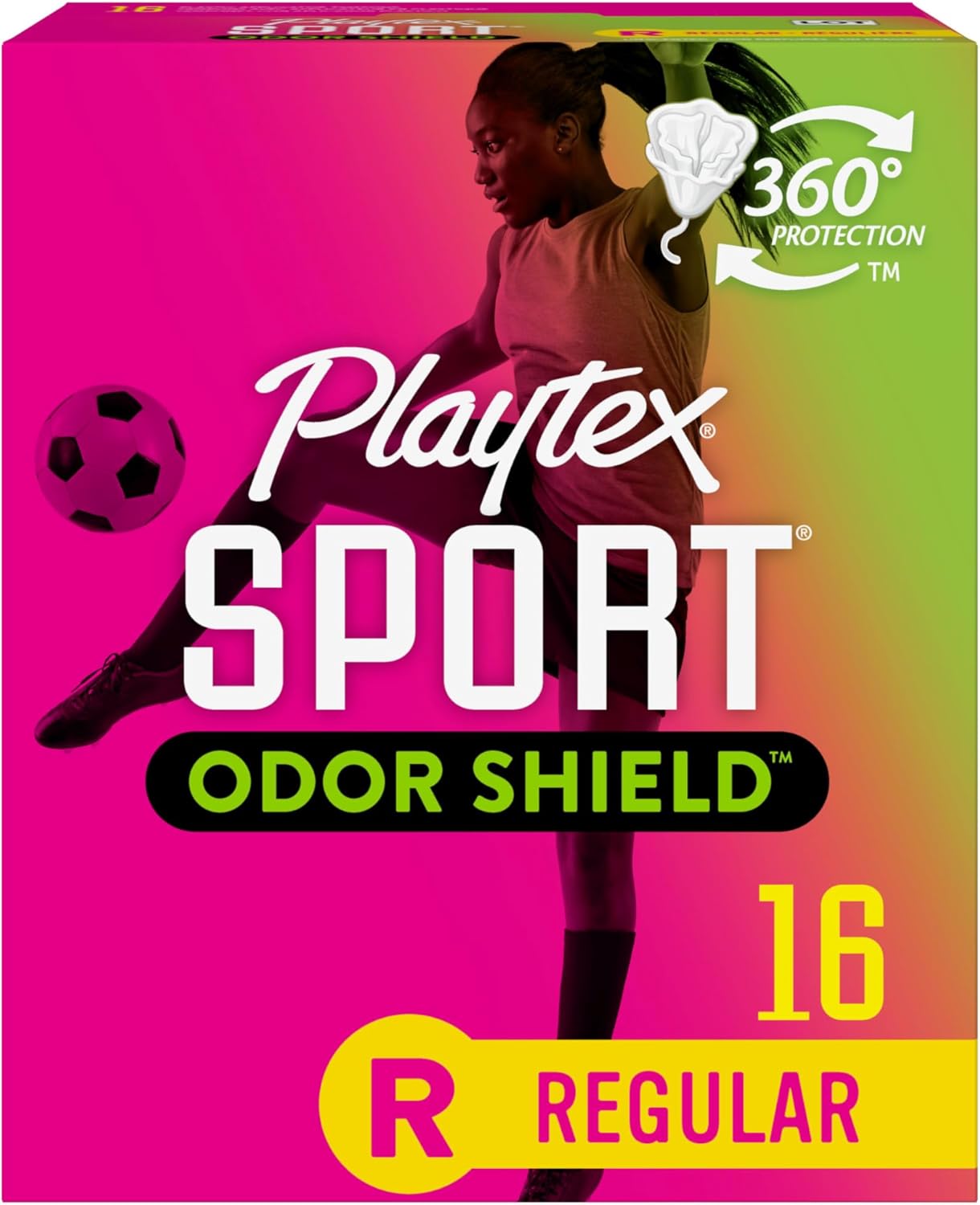 Playtex Sport Odor Shield Tampons Regular Absorbency, Unscented - 16ct | Regular Tampons for Women, Feminine Care, Playtex Tampon with 360 Leak Defense and Odor Control
