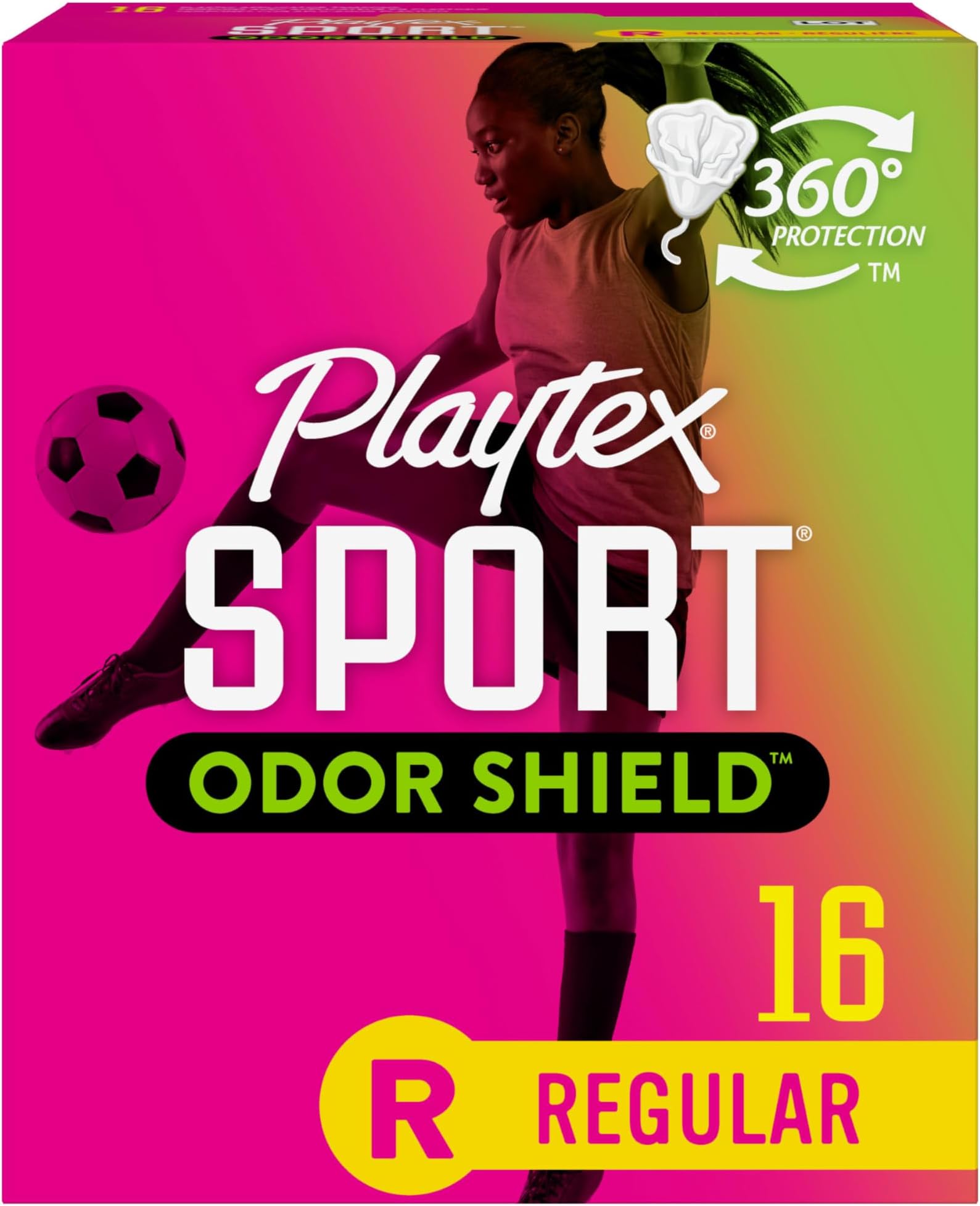 Playtex Sport Odor Shield Tampons Regular Absorbency, Unscented - 16ct | Regular Tampons for Women, Feminine Care, Playtex Tampon with 360 Leak Defense and Odor Control