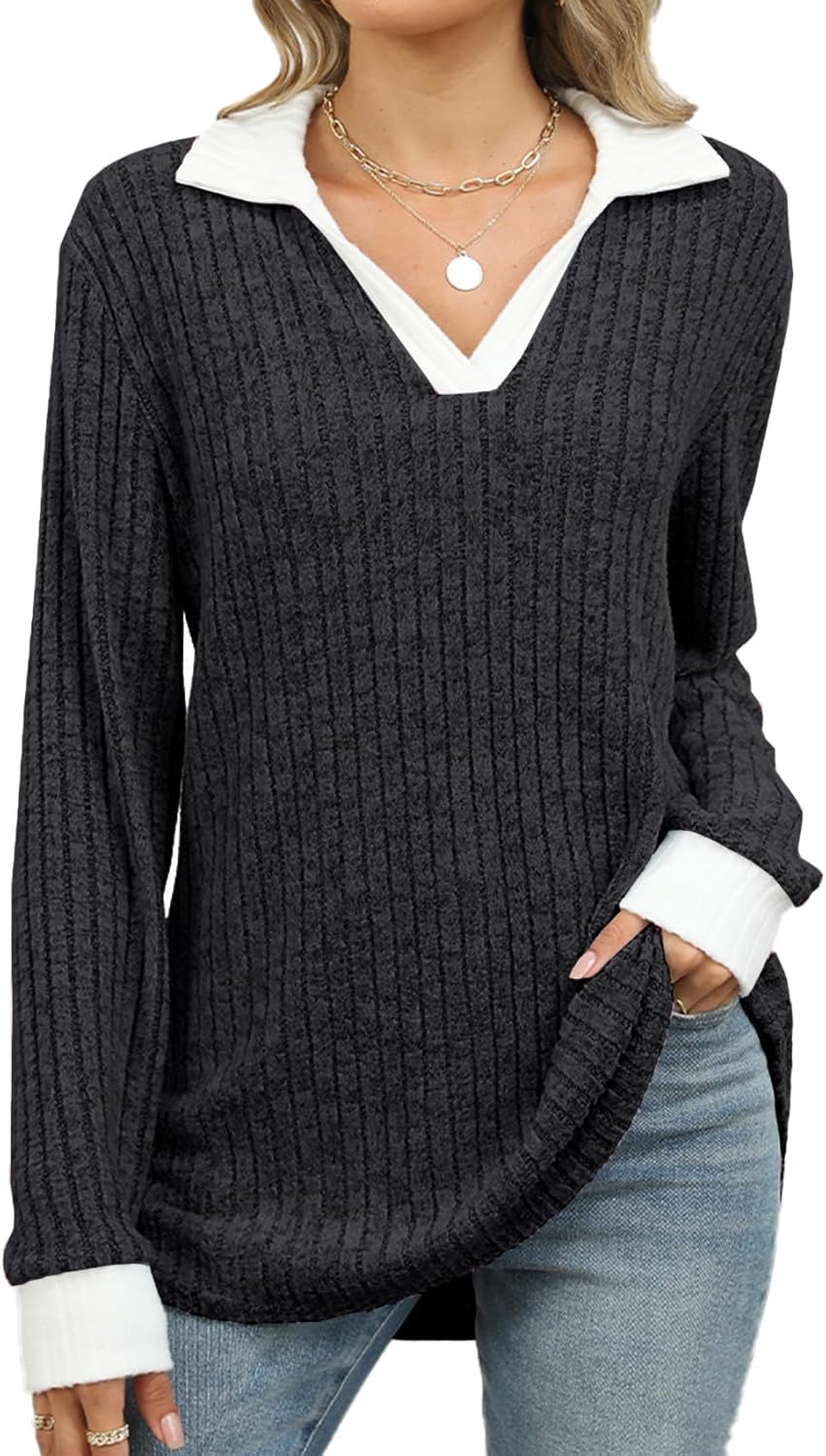 BAISHENGGT Women's Contrast Collared Shirts Casual Long Sleeve Ribbed Fall Tops Lightweight Tunic Sweaters