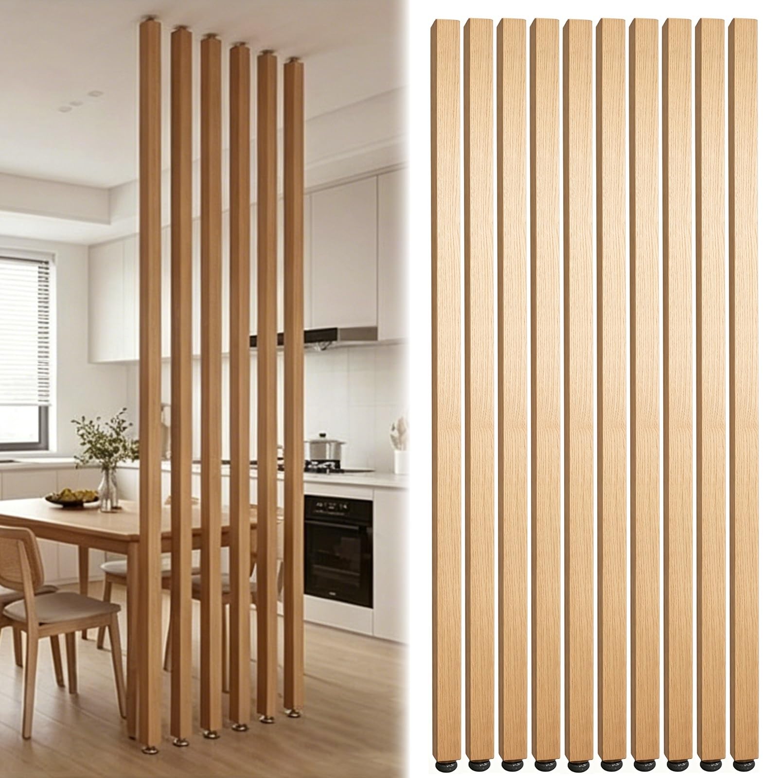10 Pcs Room Divider Separator Post Wood Slats, Entrance Hall Partition Screen Column Floor To Ceiling, No Drilling Living Room Decorative Pole(Walnutl Wood,H 235cm/7.7ft)