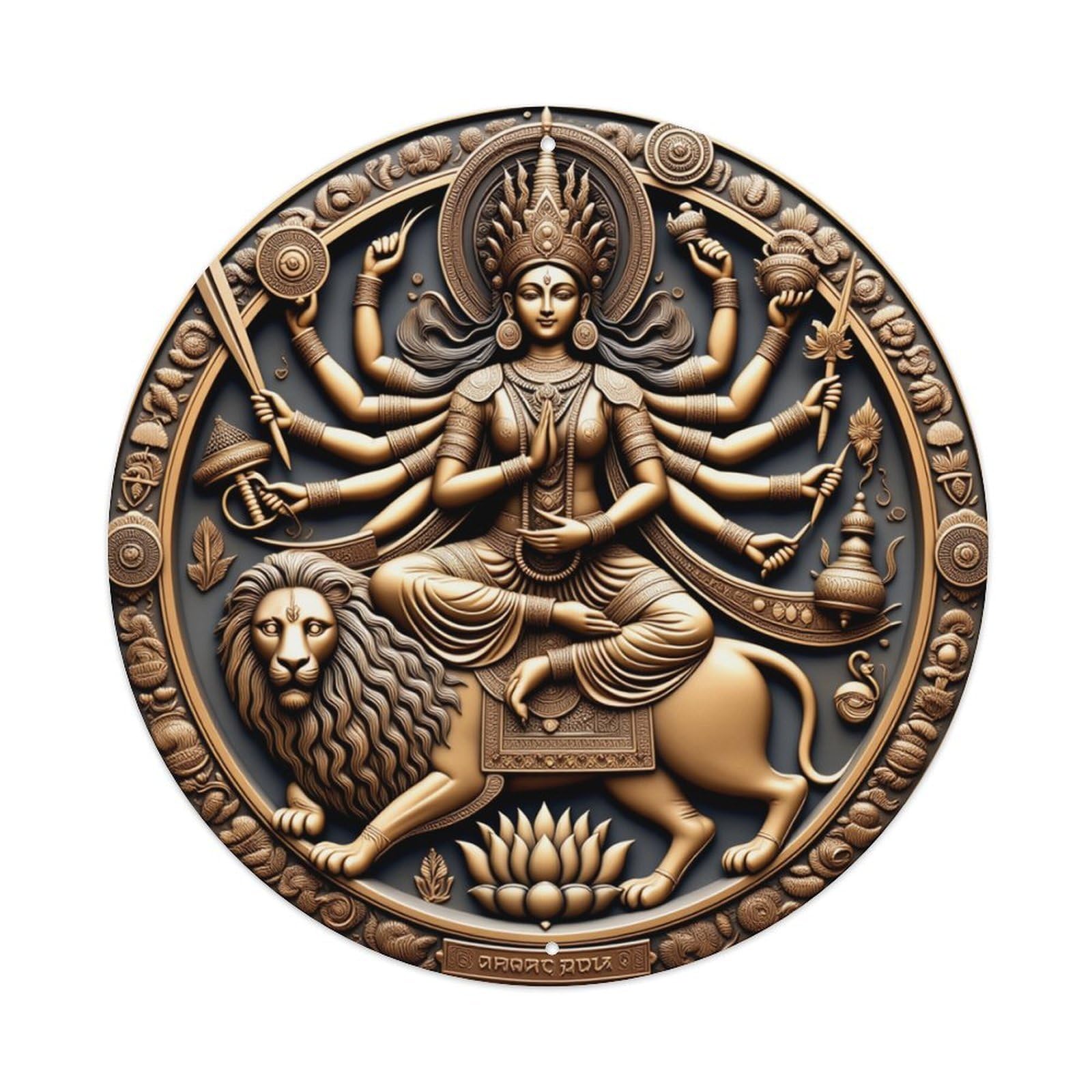 Divine Goddess With Multiple Arms Lion Mount Round Tin Sign Retro Metal Sign for Cafe Bar Pub Home Game Room Gym Club Wall Decoration Vintage Metal Poster 8x8 Inch