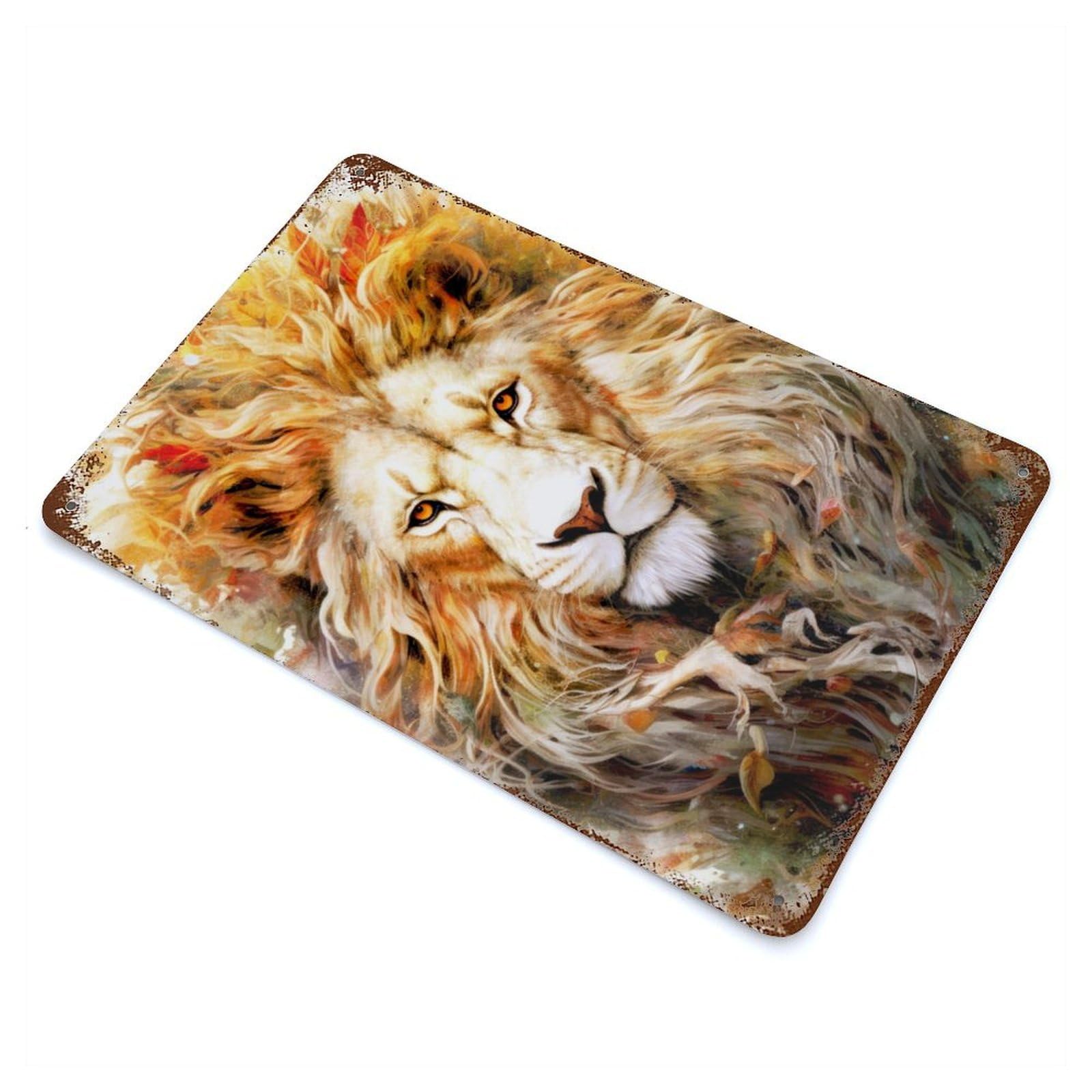 Distressed Metal Wall Sign White Lion Animal Art 11.8"x7.9", Vintage Wall Decor for Cafe, Home Bar And Lounge Decor