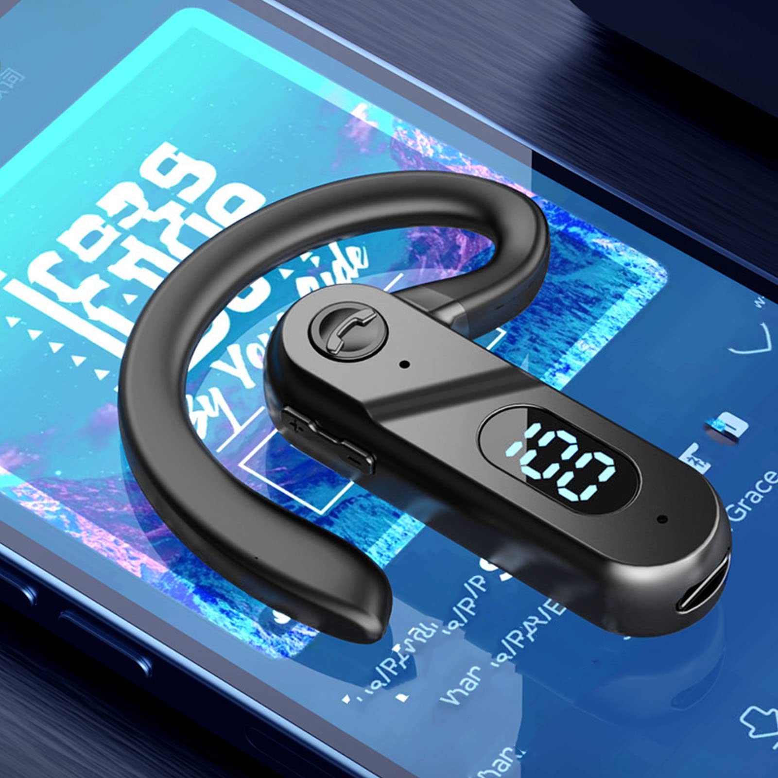 PUSOKEI Auriculares Inalámbricos Bluetooth, Auriculares de un Oído sin Dolor para Teléfono Celular, Auriculares con Gancho para la Oreja sin Tapones para los Oídos, Auricular Impermeable