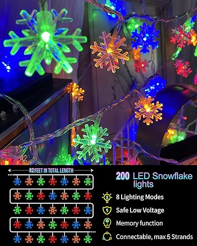 Miniatura 3 de 100 luces LED de copo de nieve de Navidad, cadena de luces de copo de nieve de 32 pies para interiores, 8 modos de iluminación, tira de luces de