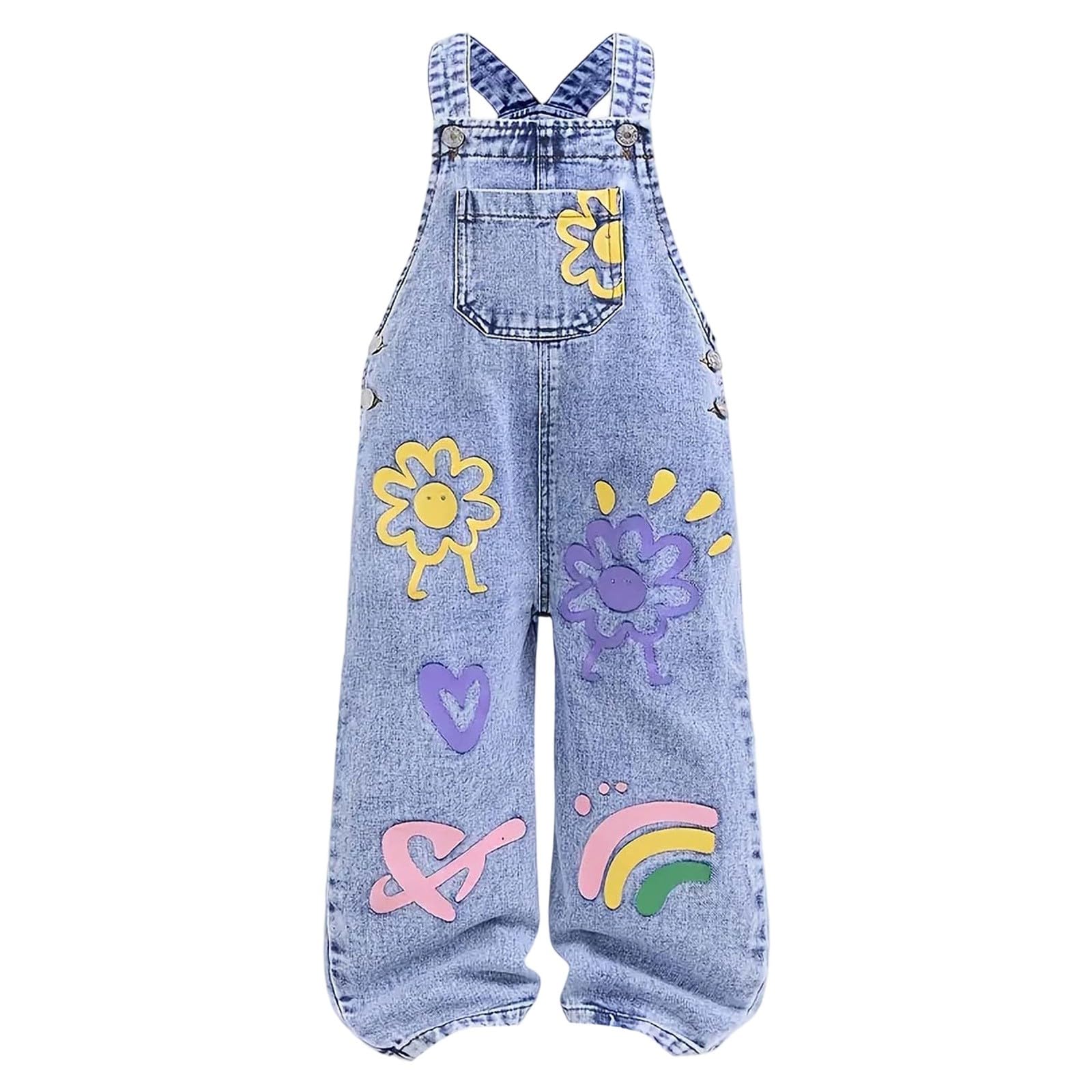 Pantalones Vaqueros para niñas de 3 a 7 años, Overol de Pierna Ancha con Estampado de garabatos, Mono de Mezclilla Suave y Transpirable para Juegos Diarios en Verano y otoño, Ajuste cómodo para niños